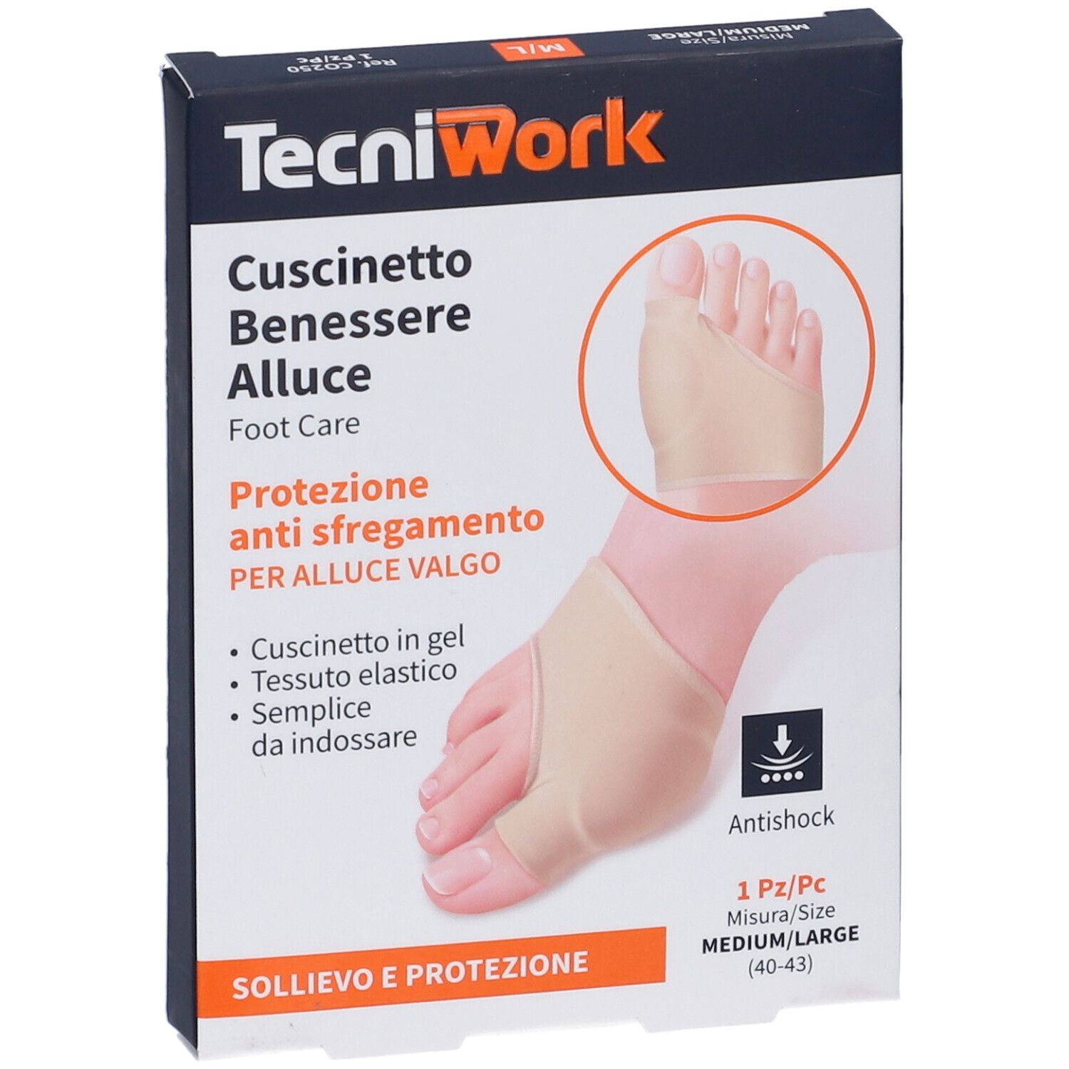 Confezione prodotto TecniWork. Testo: Cuscinetto Benessere Alluce Valgo, protezione anti-sfregamento. Misura M/L (40-43).