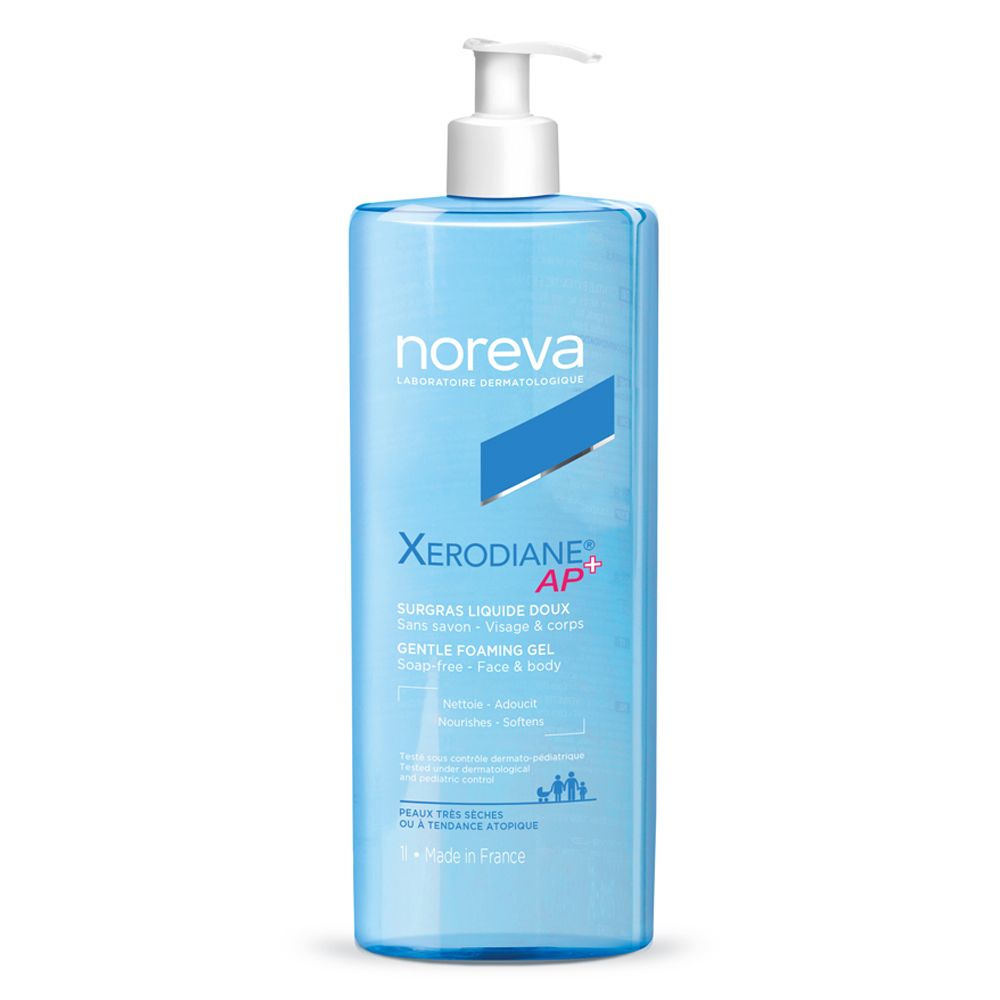 Flacone blu trasparente con dosatore bianco. Scritta: Noreva Xerodiane AP+ Detergente Surgras.