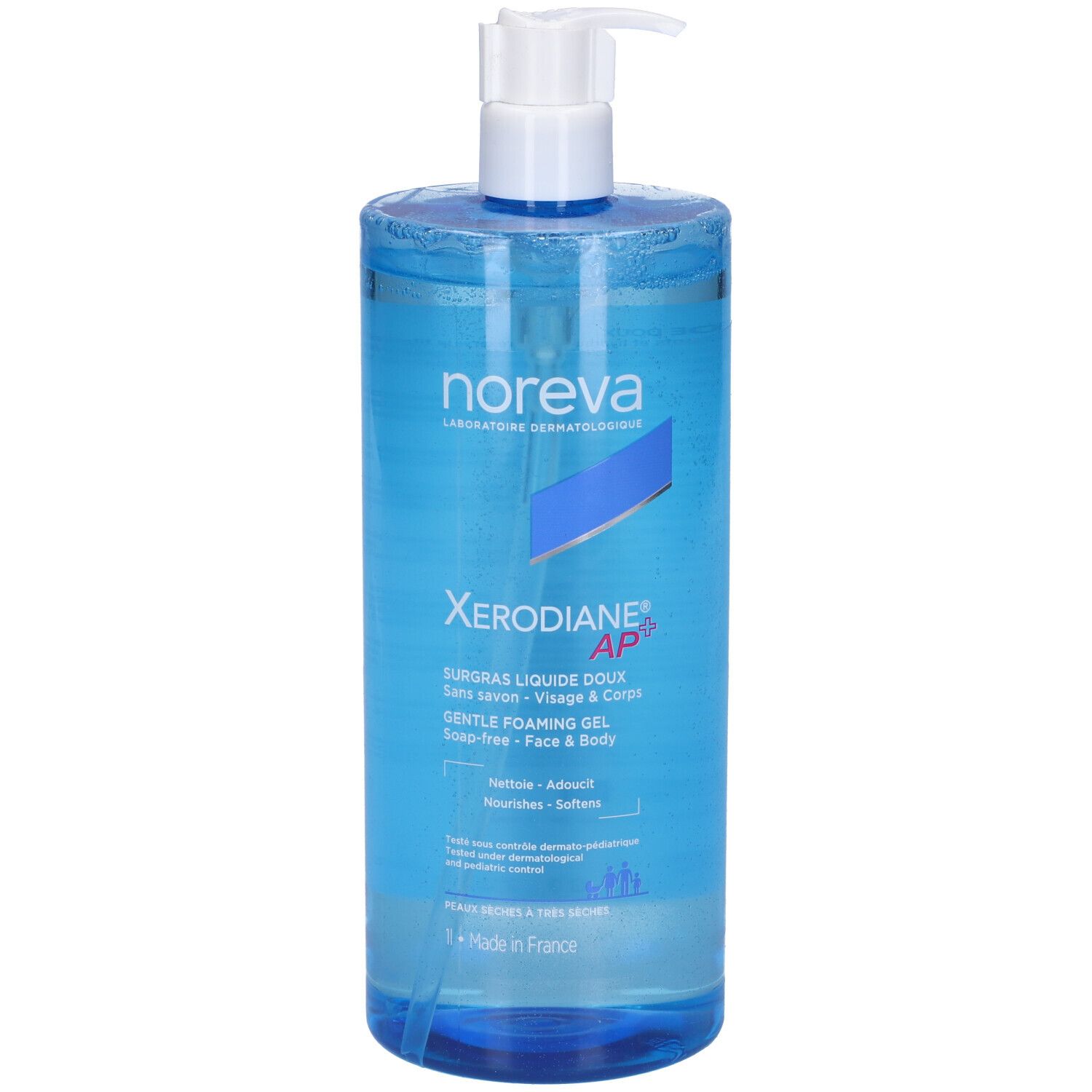Flacone blu trasparente con dosatore bianco. Nome del prodotto e testo sul fronte.