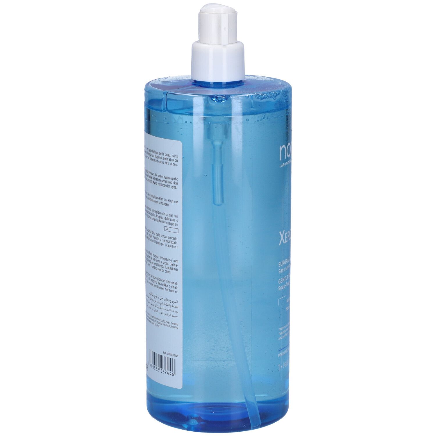 Flacone blu trasparente con dosatore bianco. Retro con testo e codice a barre.