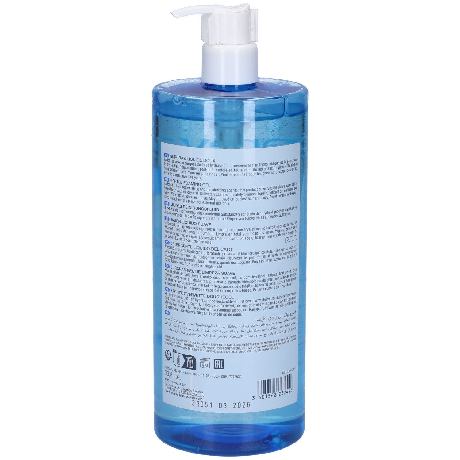 Flacone blu trasparente con dosatore bianco. Retro con testo e codice a barre.