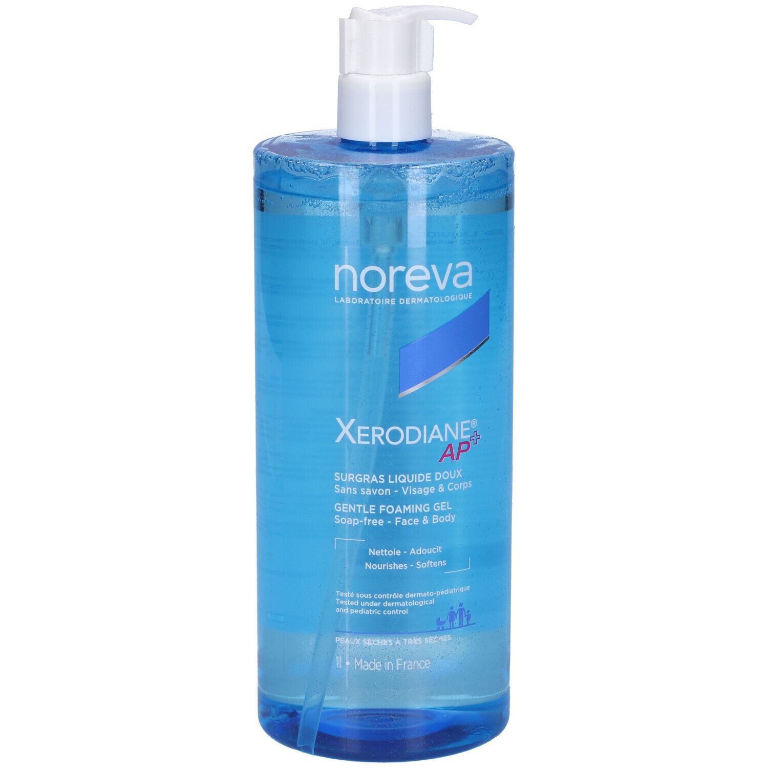 Flacone blu trasparente con dosatore bianco. Nome del prodotto e testo sul fronte.
