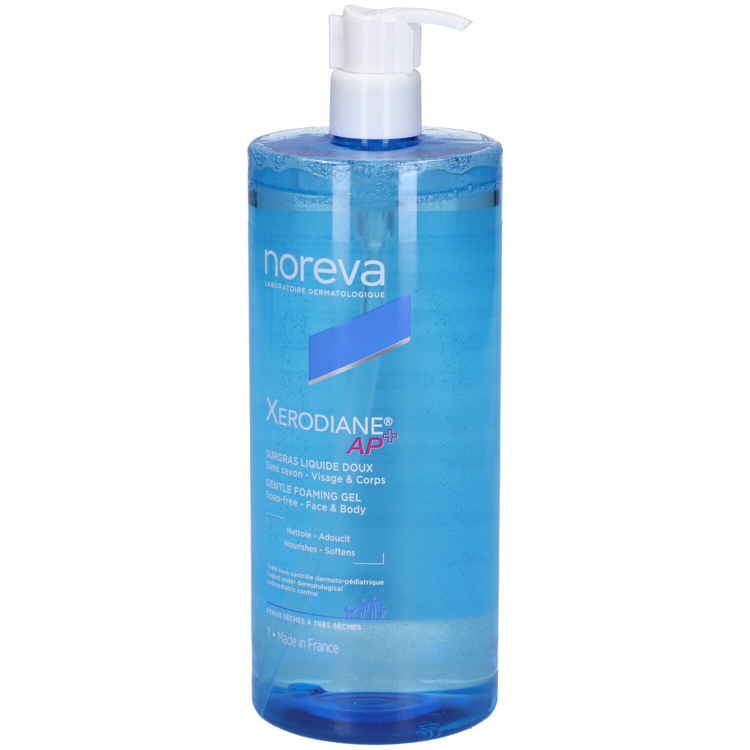 Flacone blu trasparente con dosatore bianco. Nome del prodotto e testo sul fronte.