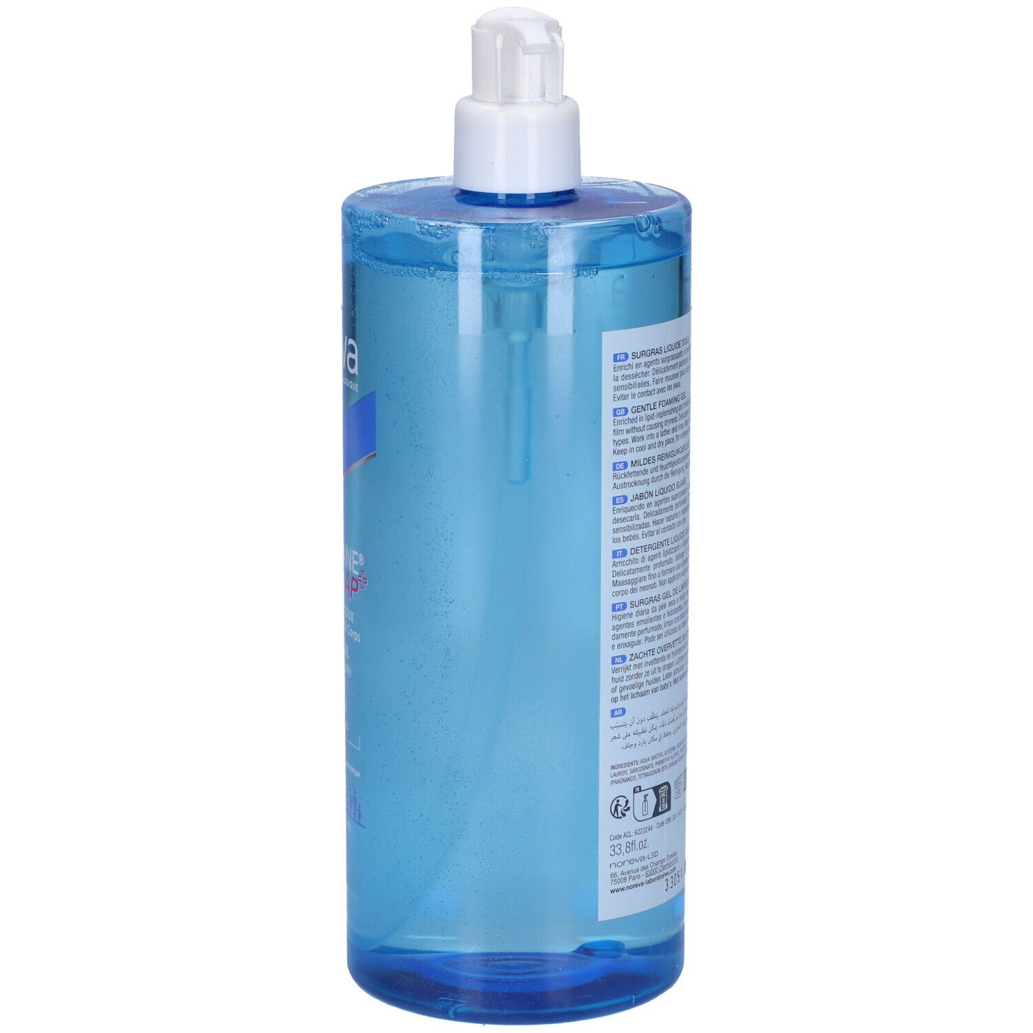 Flacone blu trasparente con dosatore bianco. Retro con testo e codice a barre.
