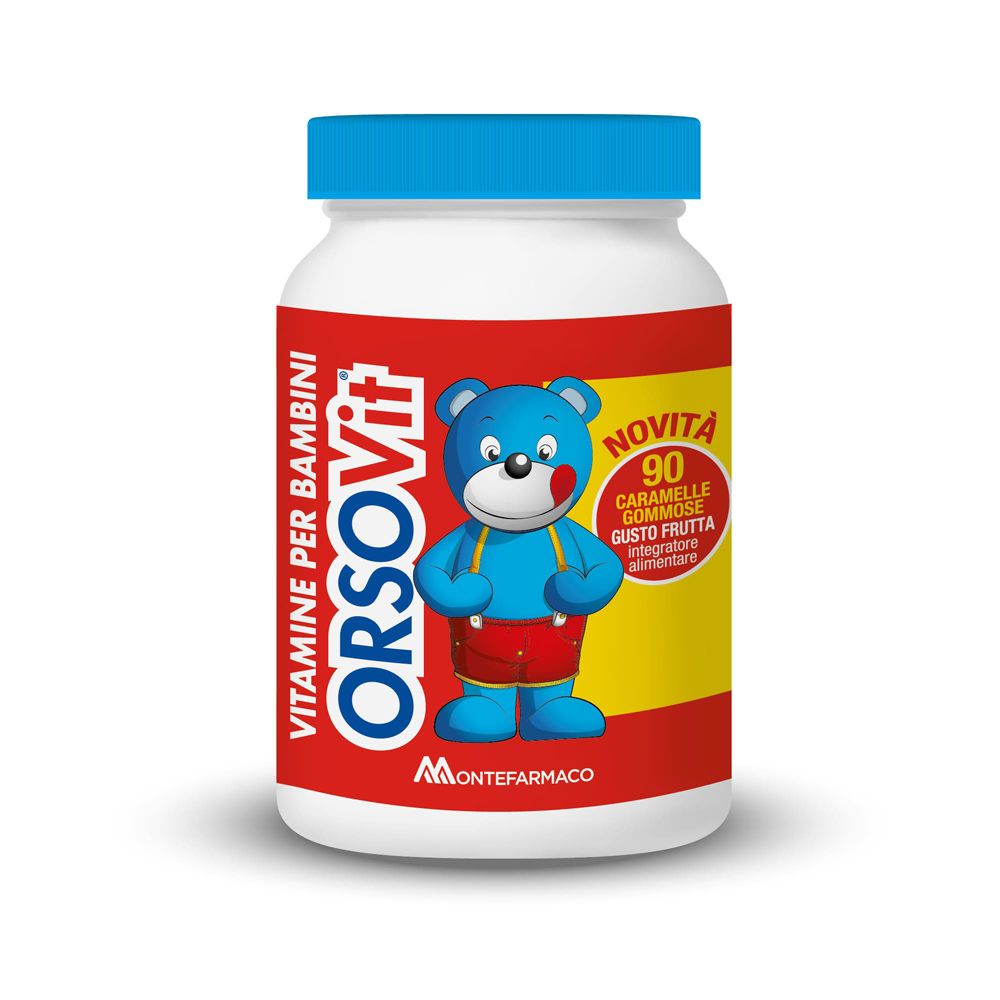 Flacone Orsovit con tappo blu. Contenitore bianco, etichetta rossa con orso. Testo: Vitamine per bambini.