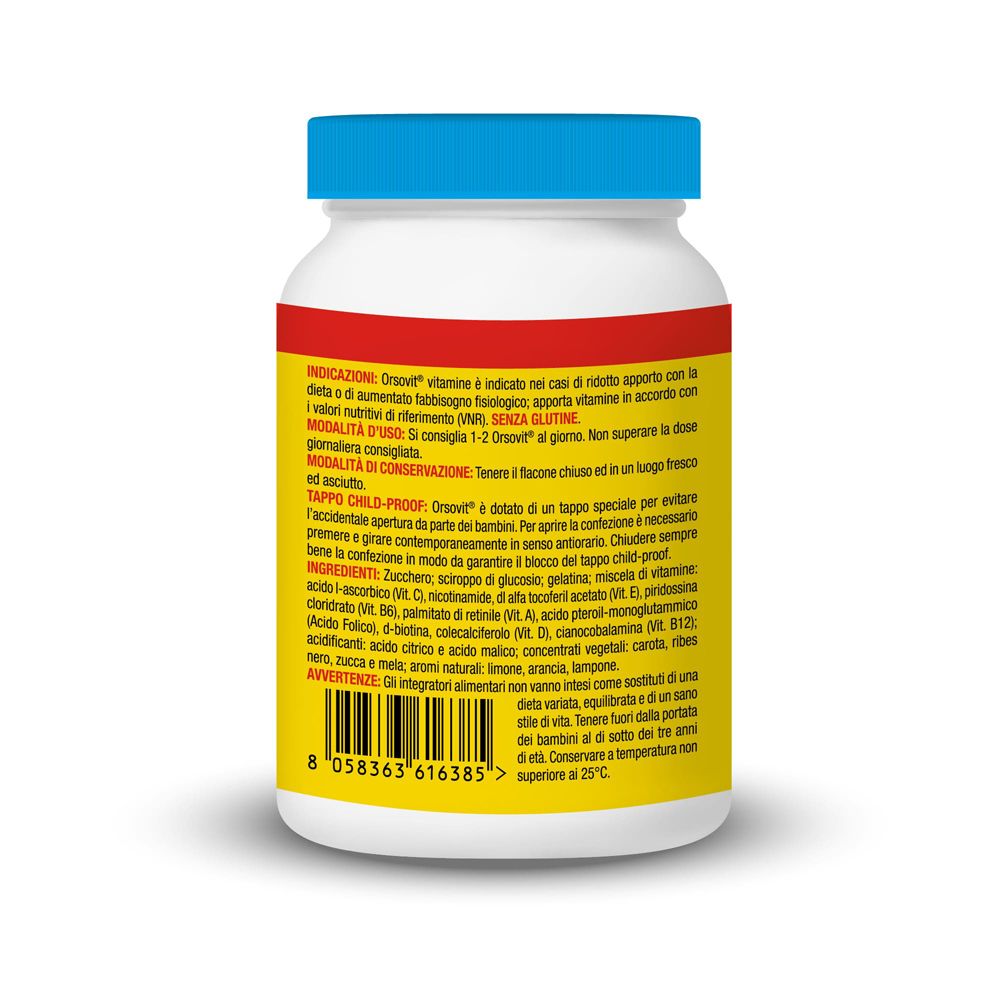 Retro del flacone Orsovit. Etichetta gialla con testo. Contiene informazioni su ingredienti e uso.