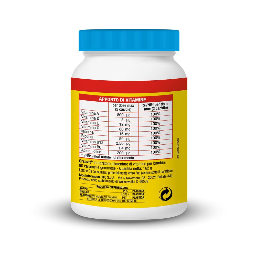 Retro del flacone Orsovit. Etichetta gialla con tabella vitamine. Mostra informazioni nutrizionali.