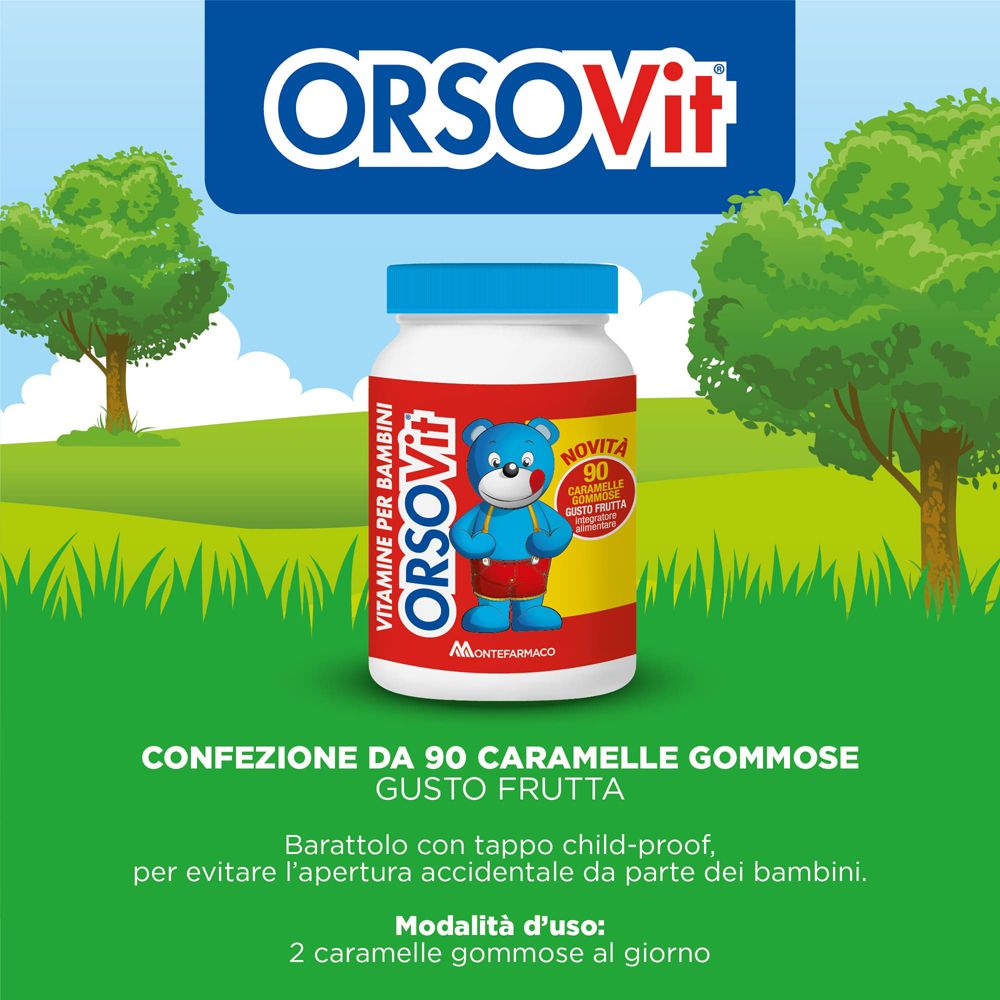 Immagine pubblicitaria per Orsovit. Flacone con 90 caramelle gommose. Testo: Confezione da 90 caramelle gommose gusto frutta.