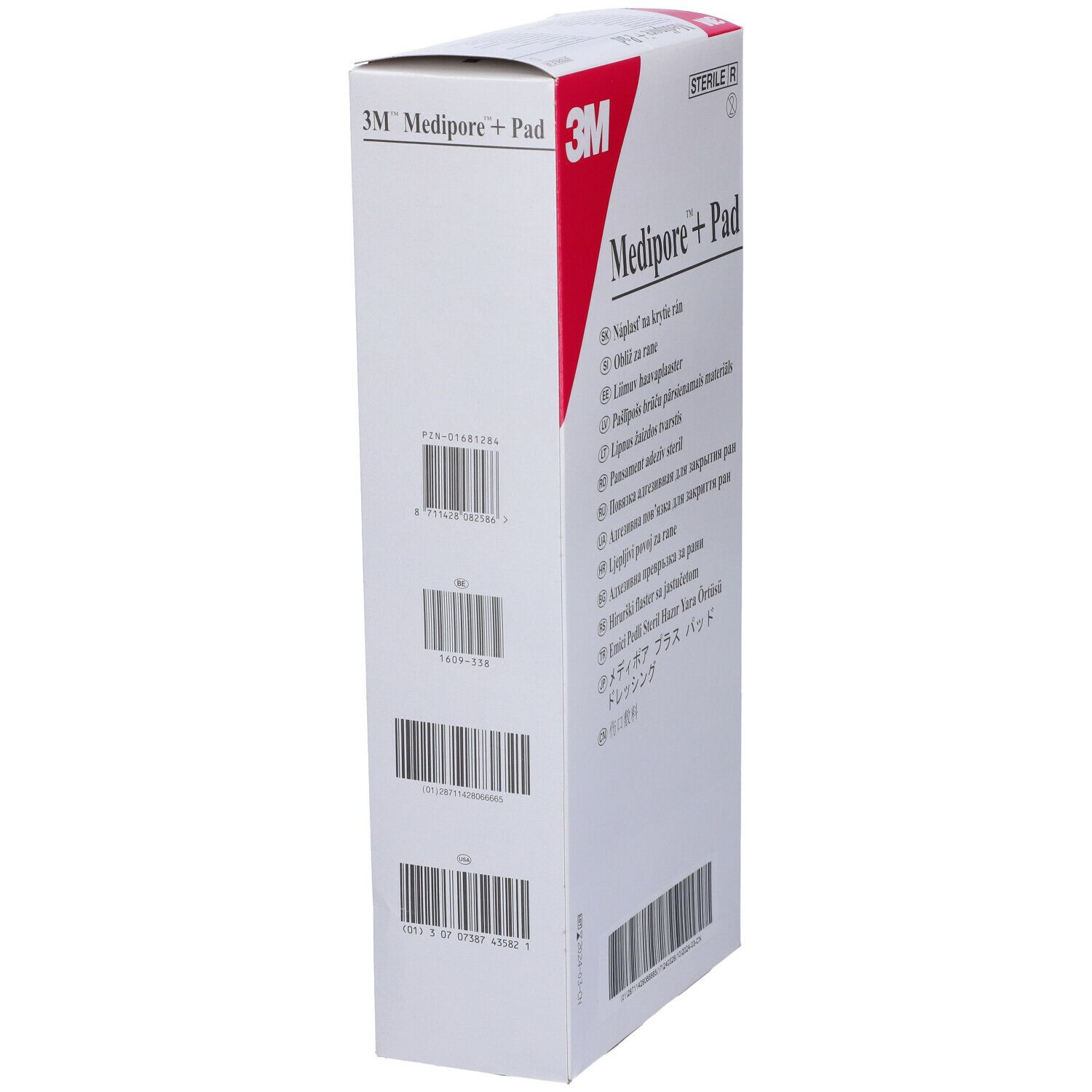 Confezione di 3M Medipore+Pad. Scatola bianca con codici a barre. Logo Sterile.