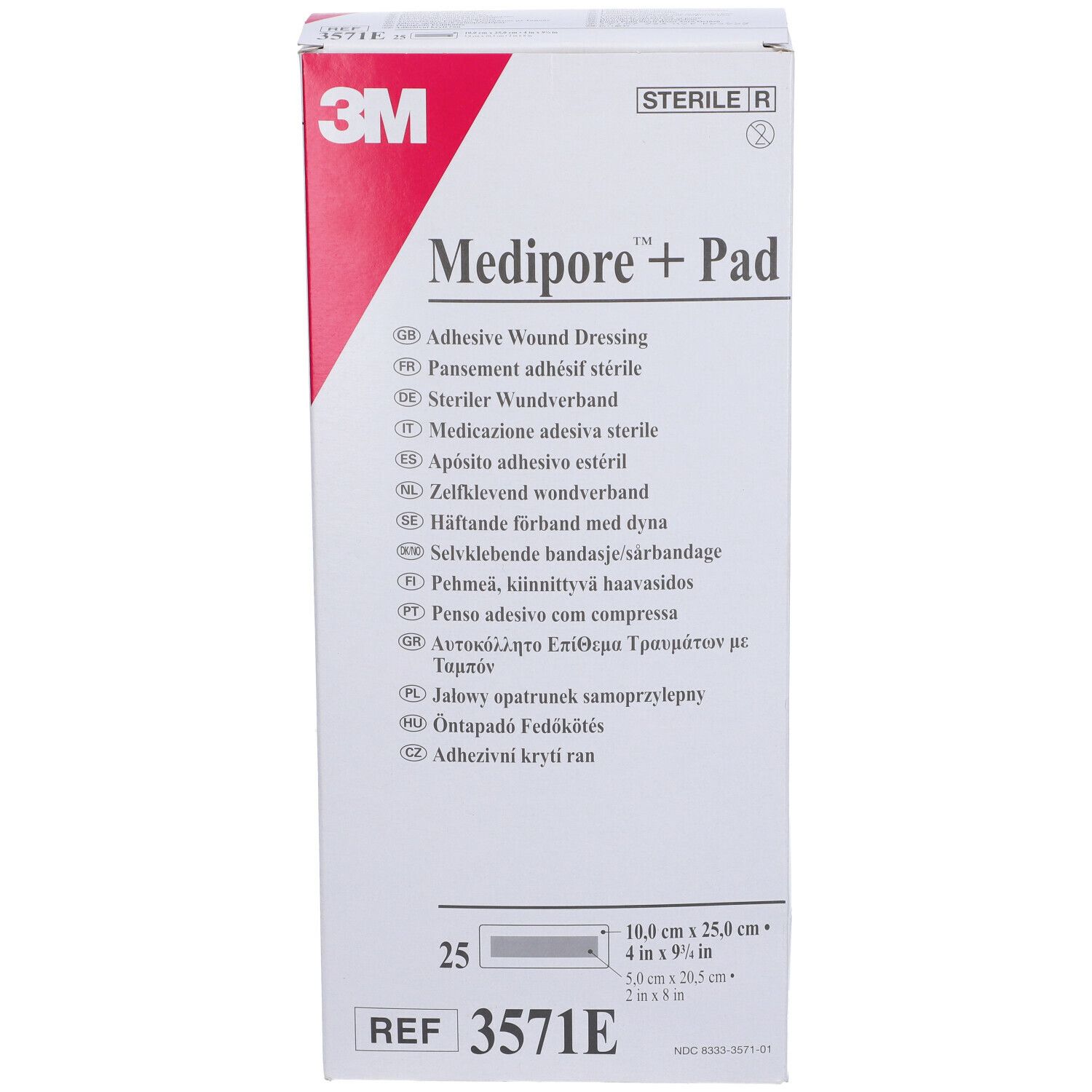 Confezione di 3M Medipore+Pad. Scatola bianca con accento rosso. Contiene 25 pezzi. Dimensioni: 10,0 cm x 25,0 cm.