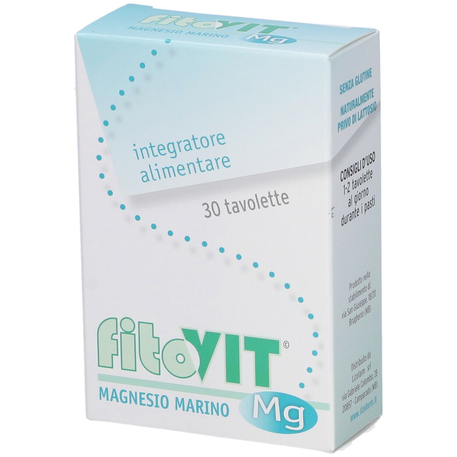 Scatola bianca con nome del prodotto e grafica blu. Contiene 30 compresse. Testo: Integratore alimentare.