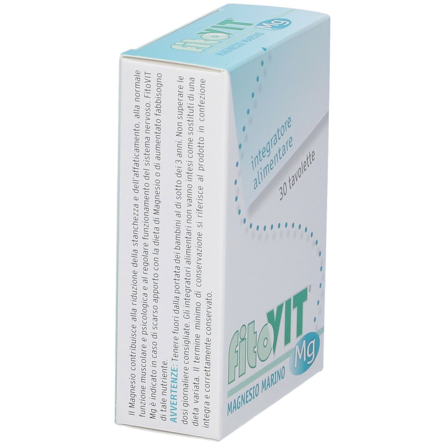 Scatola bianca con nome del prodotto e grafica blu. Contiene 30 compresse. Testo: Integratore alimentare.