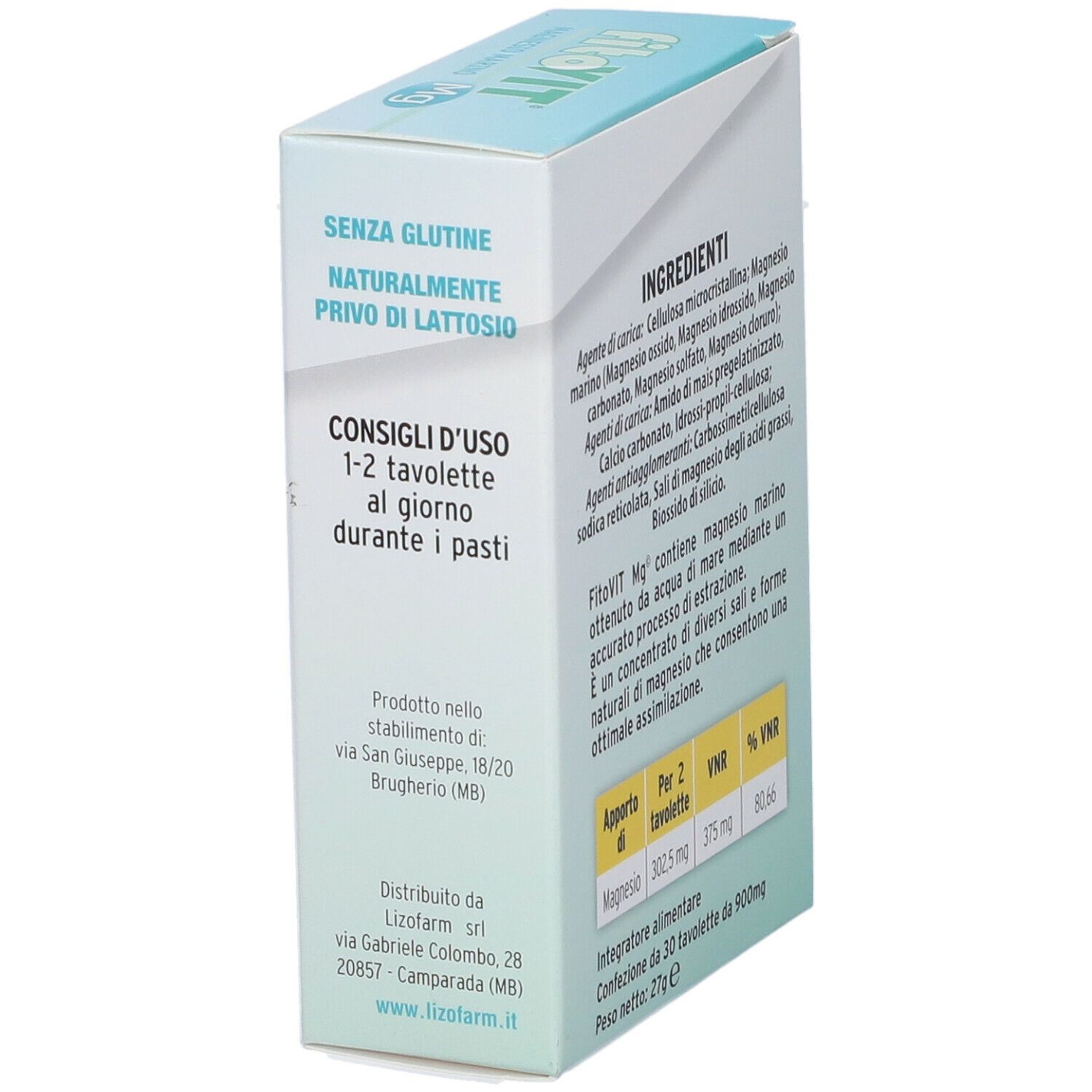Lato della scatola bianca con testo e ingredienti. Testo: Senza glutine, naturalmente privo di lattosio.