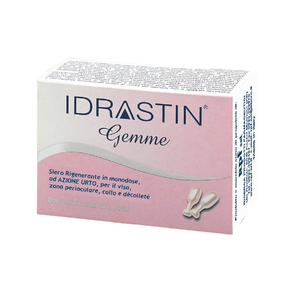 Confezione di Idrastin Gemme. Scatola rosa e bianca con nome e descrizione del prodotto. Sono raffigurate due capsule.