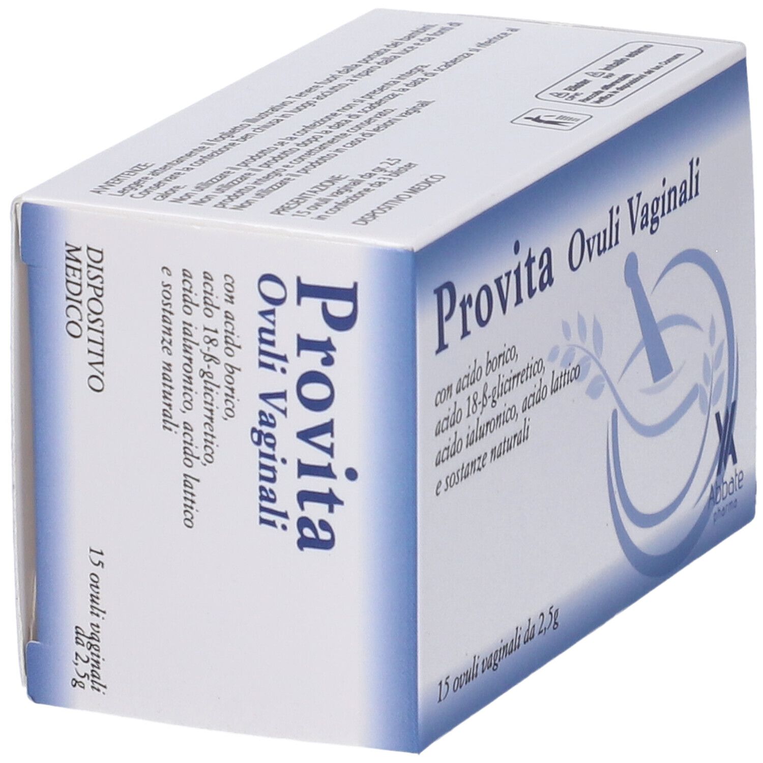 Scatola "Provita Ovuli Vaginali". Scritta blu. 15 ovuli vaginali. Vista angolata.