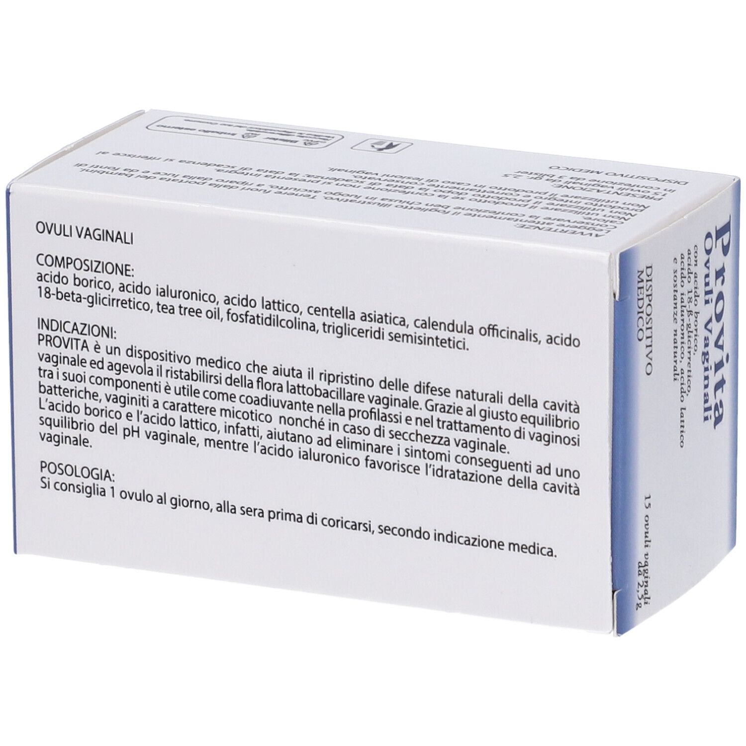 Retro della scatola "Provita Ovuli Vaginali". Testo in italiano.