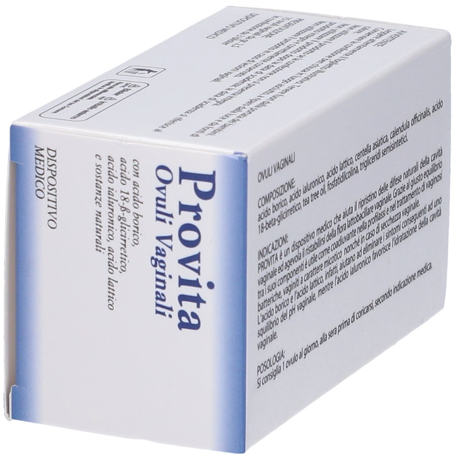 Scatola "Provita Ovuli Vaginali". Scritta blu. 15 ovuli vaginali. Vista angolata.