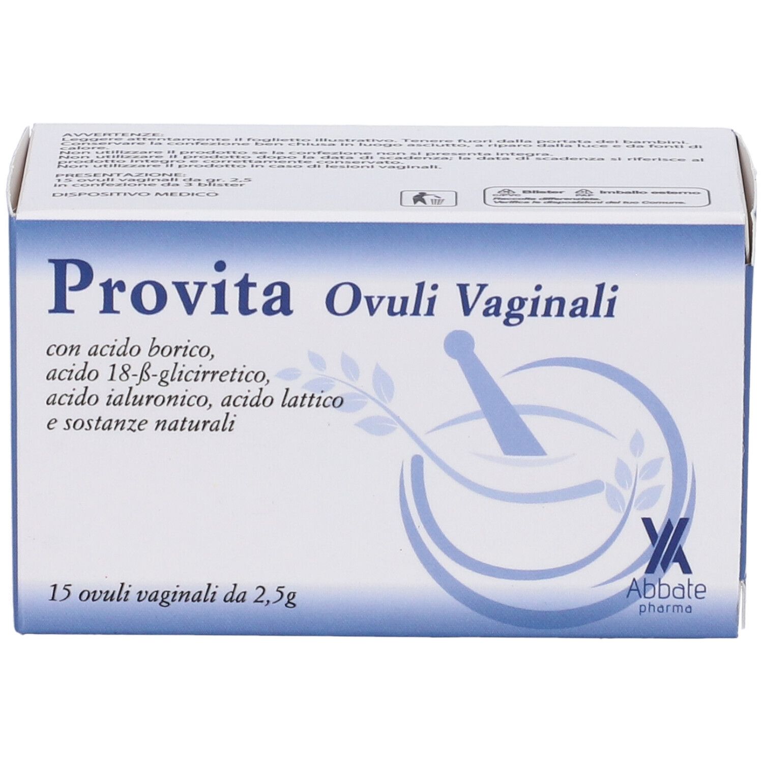 Scatola "Provita Ovuli Vaginali". Scritta e grafica blu. 15 ovuli vaginali.