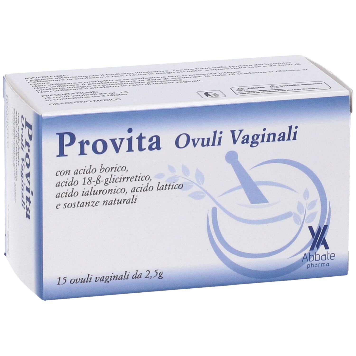 Scatola "Provita Ovuli Vaginali". Scritta e grafica blu. 15 ovuli vaginali.