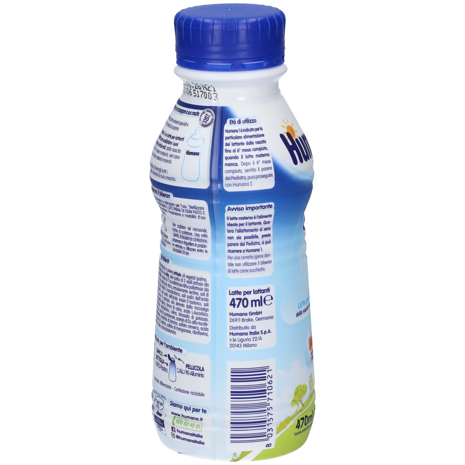 Bottiglia Humana 1 Latte per Bambini. Retro con testo. Bottiglia blu e bianca, tappo blu. 470ml.