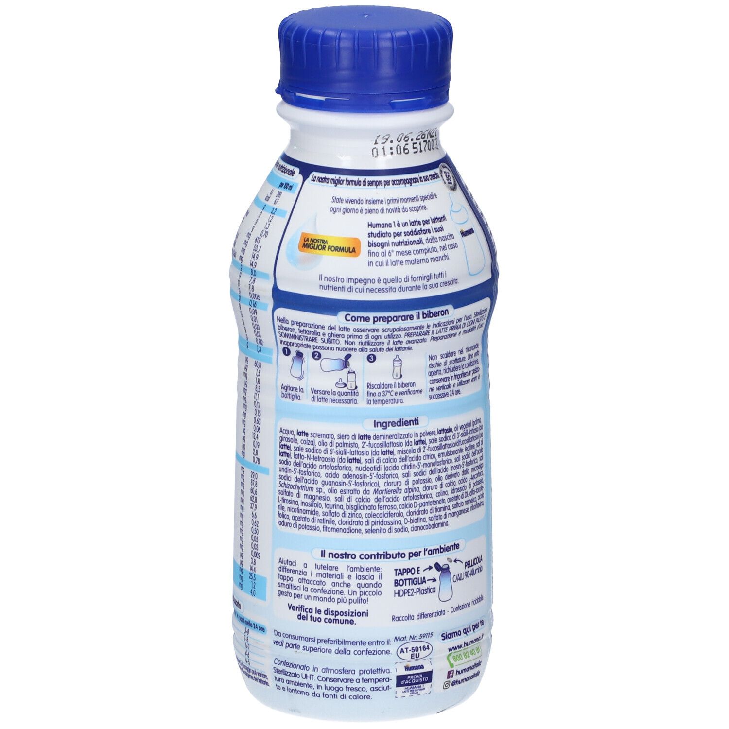 Bottiglia Humana 1 Latte per Bambini. Retro con testo e ingredienti. Bottiglia blu e bianca, tappo blu.