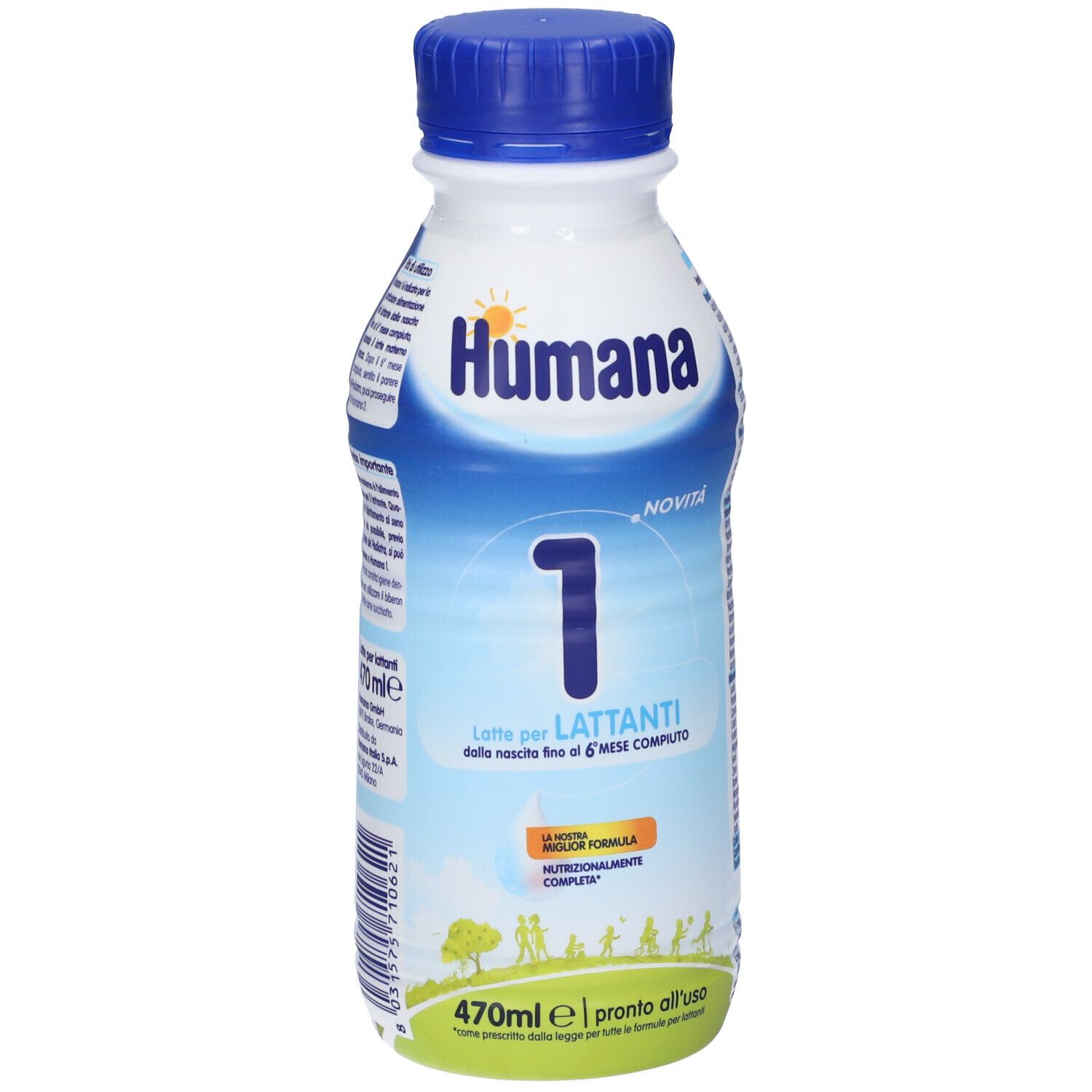 Bottiglia Humana 1 Latte per Bambini. Bottiglia blu e bianca, tappo blu. Scritta Humana e 1. 470ml, pronto all'uso.