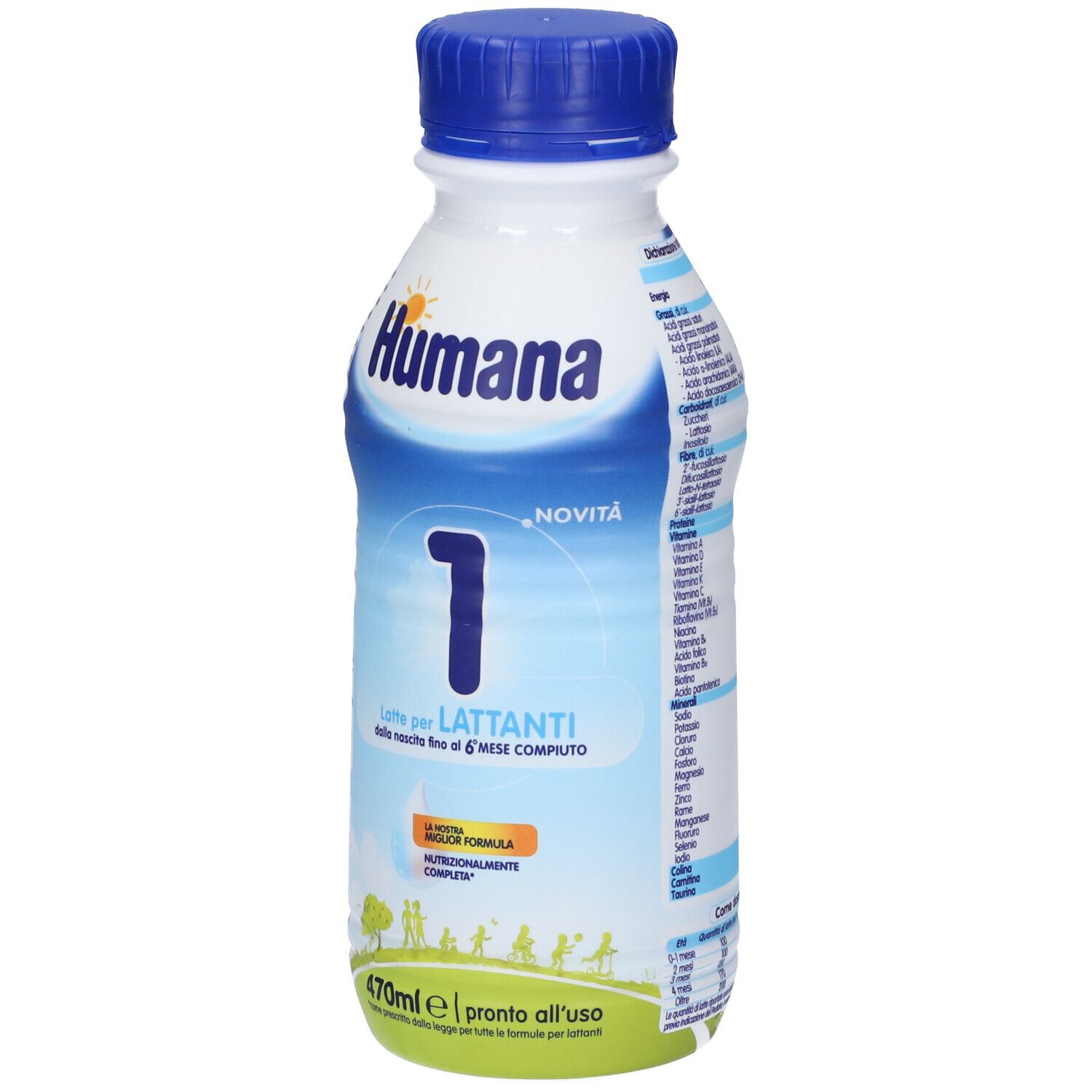Bottiglia Humana 1 Latte per Bambini. Bottiglia blu e bianca, tappo blu. Scritta Humana e 1. 470ml, pronto all'uso.