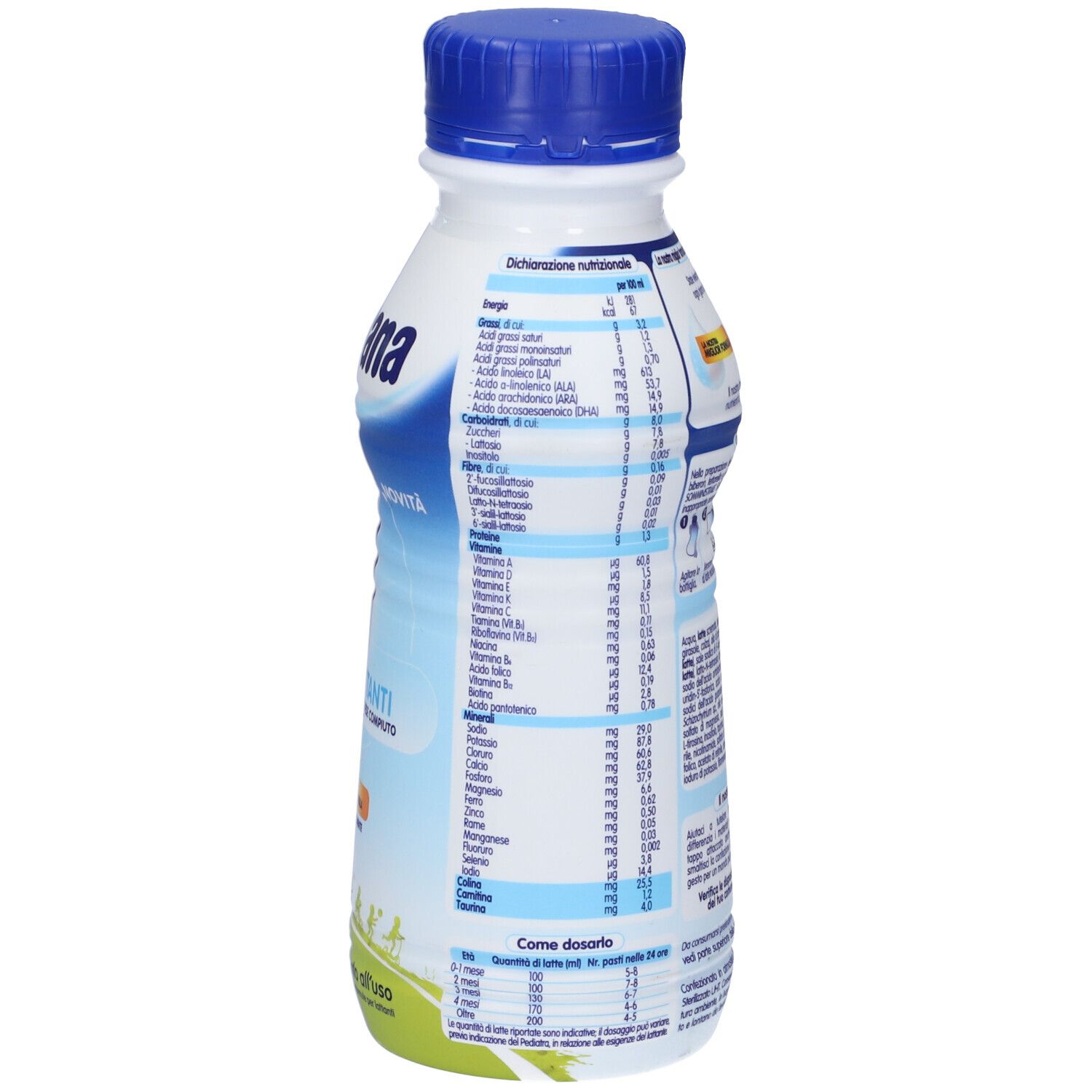 Bottiglia Humana 1 Latte per Bambini. Retro con informazioni nutrizionali. Bottiglia blu e bianca, tappo blu.