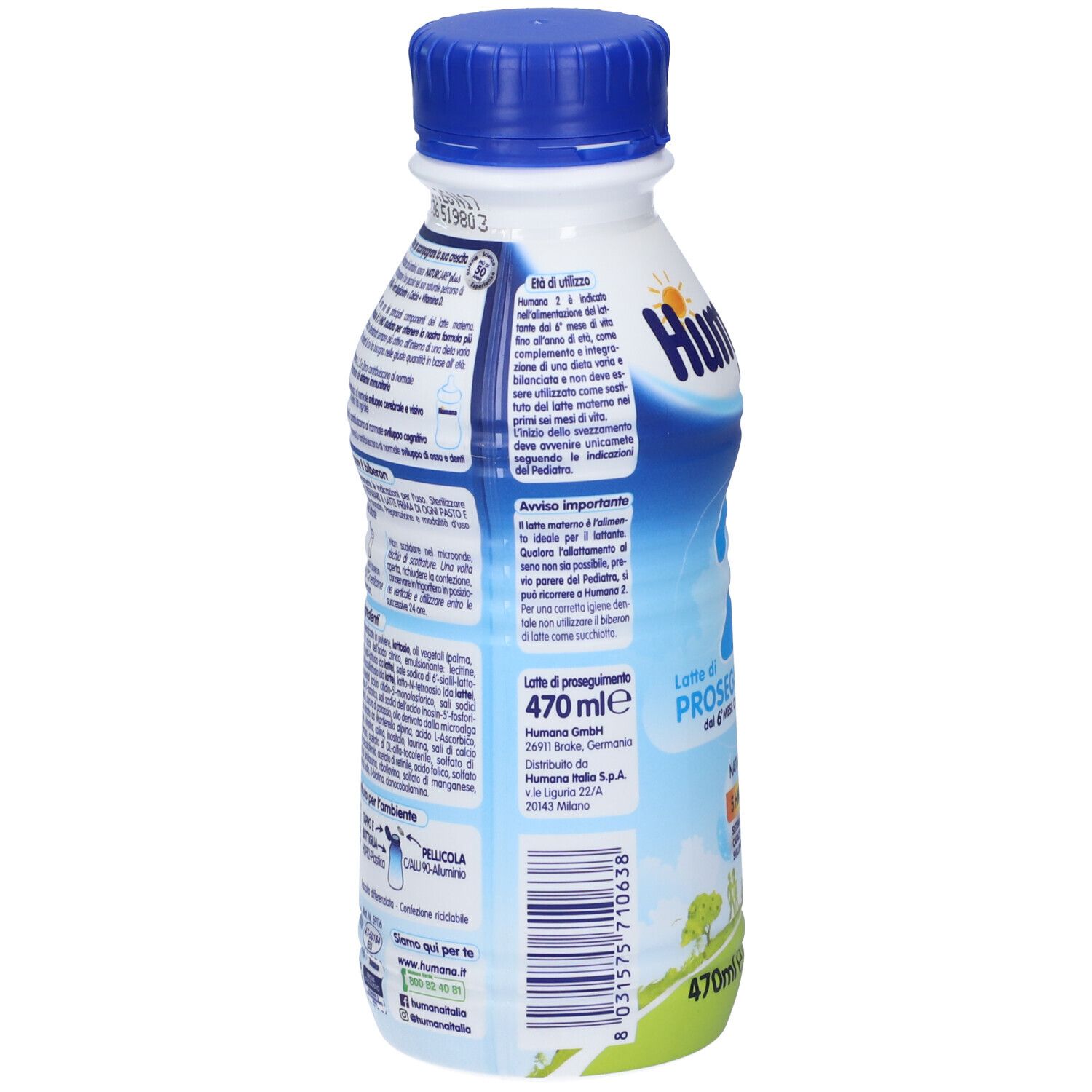 Bottiglia HUMANA 2, 470ml. Retro con testo e informazioni. Tappo blu. Etichetta con informazioni sul prodotto e ingredienti.