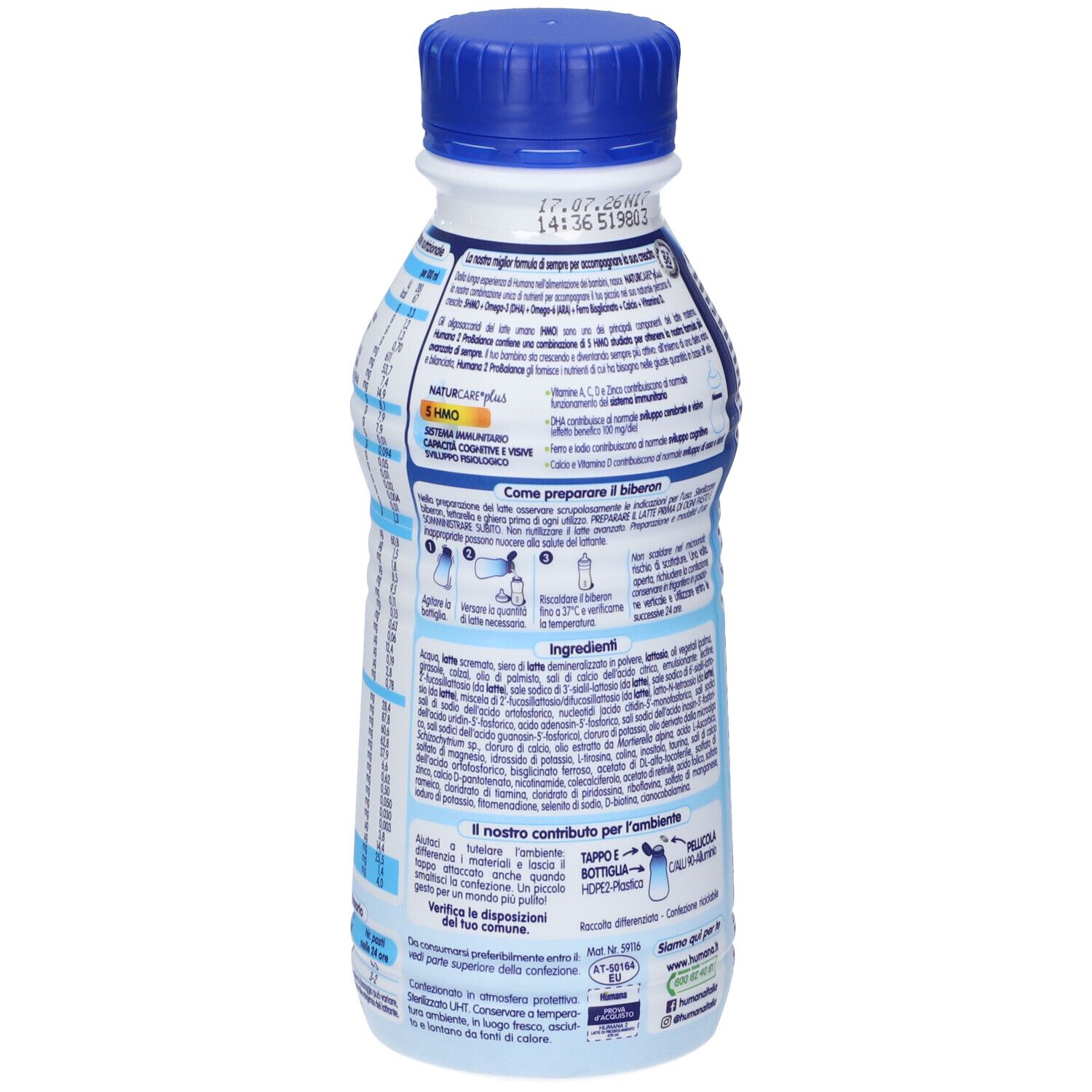 Retro della bottiglia HUMANA 2. Testo, ingredienti e istruzioni per la preparazione. Tappo blu. Etichetta con informazioni.