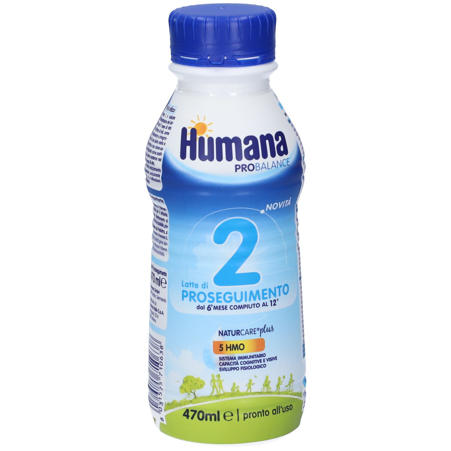 Bottiglia HUMANA 2, 470ml, tappo blu. Scritta HUMANA PROBALANCE, 2, NATURCARE plus 5 HMO. Confezione verde e bianca.