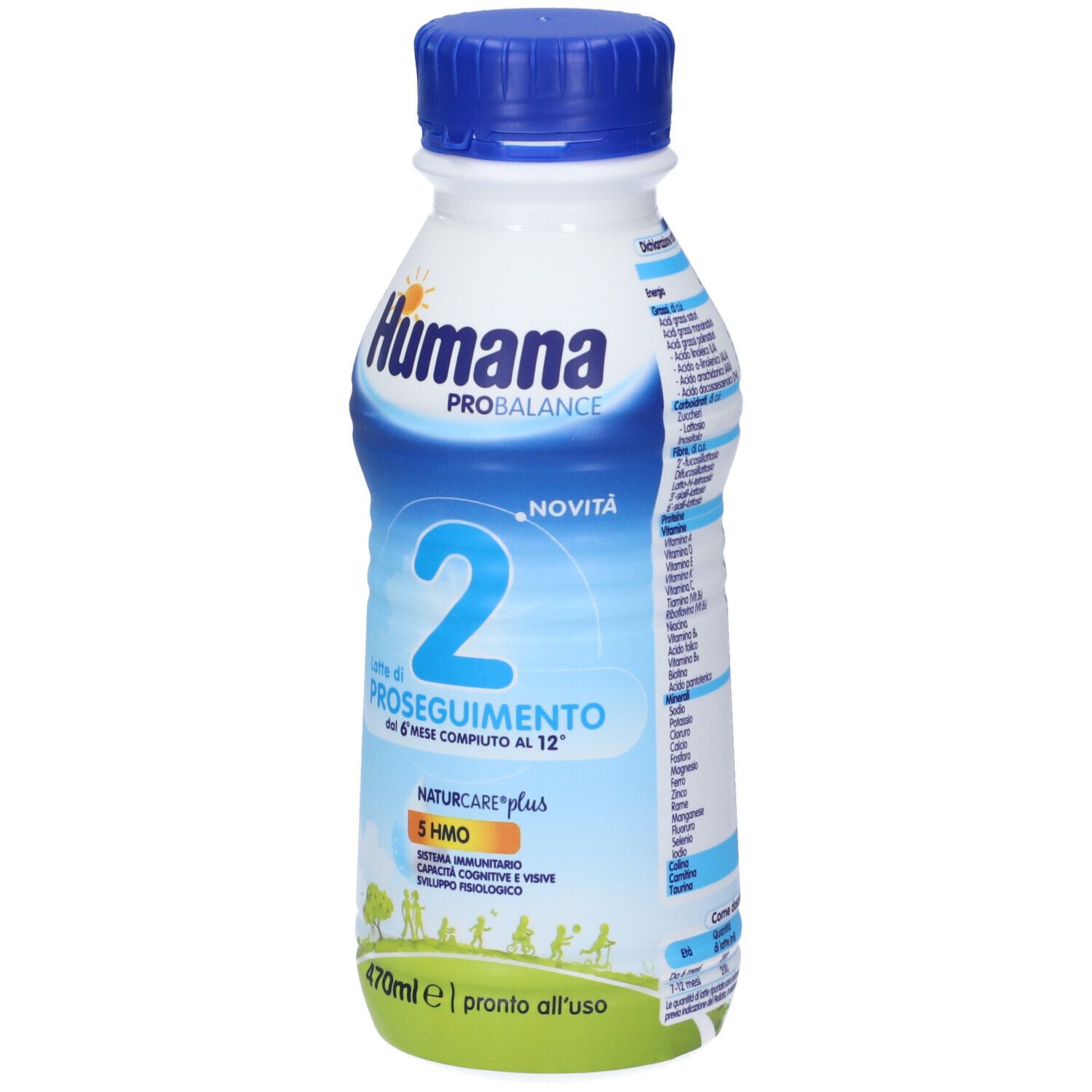 Bottiglia HUMANA 2, 470ml, tappo blu. Scritta HUMANA PROBALANCE, 2, NATURCARE plus 5 HMO. Confezione verde e bianca.