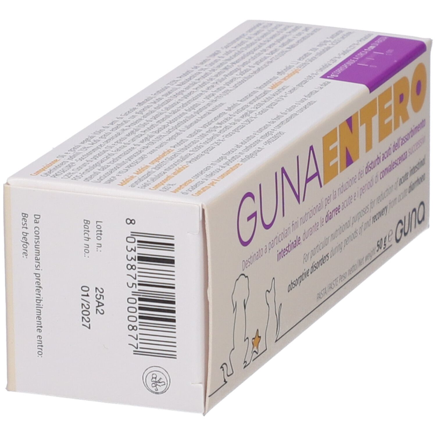 Confezione in cartone, vista obliqua. Codice a barre e testo. Scritto: GUNAENTERO. Scadenza 01/2027.