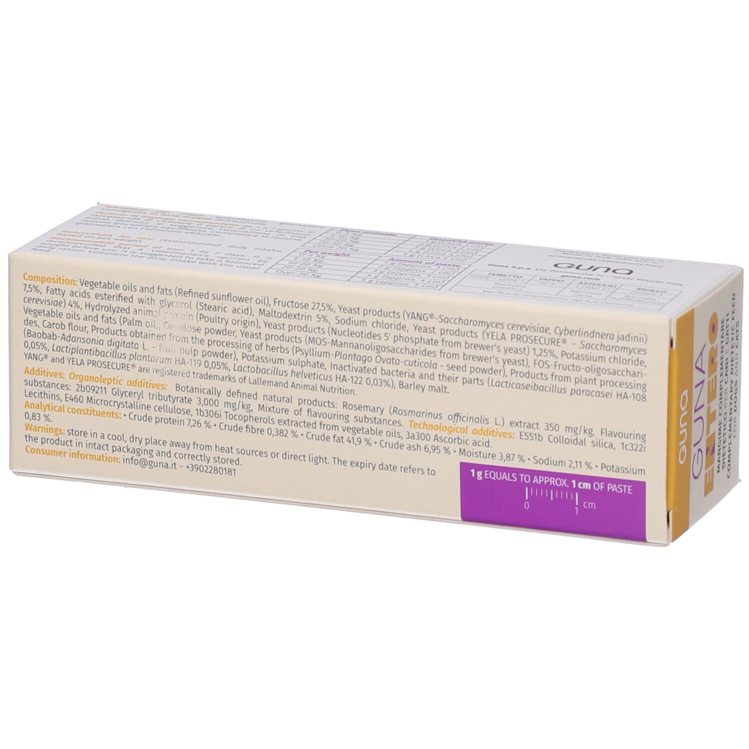 Retro della confezione in cartone. Elenco degli ingredienti e valori nutrizionali. Testo in italiano.