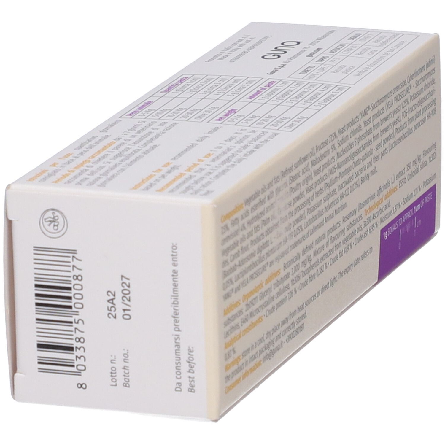 Confezione in cartone, vista obliqua. Elenco degli ingredienti e valori nutrizionali. Testo in italiano.