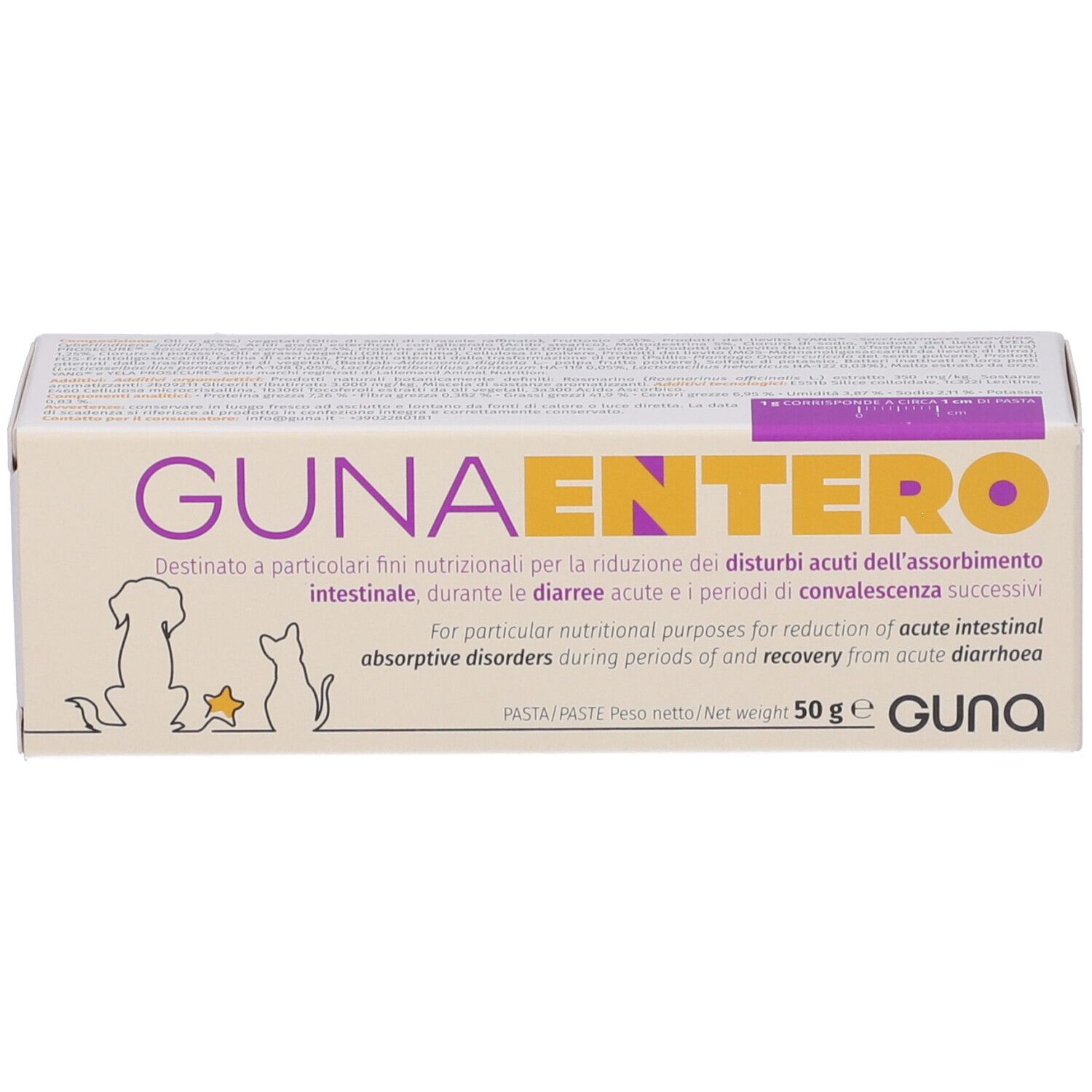 Confezione in cartone beige con testo viola e giallo. Scritto: GUNAENTERO. 50g. Illustrazione cane e gatto.