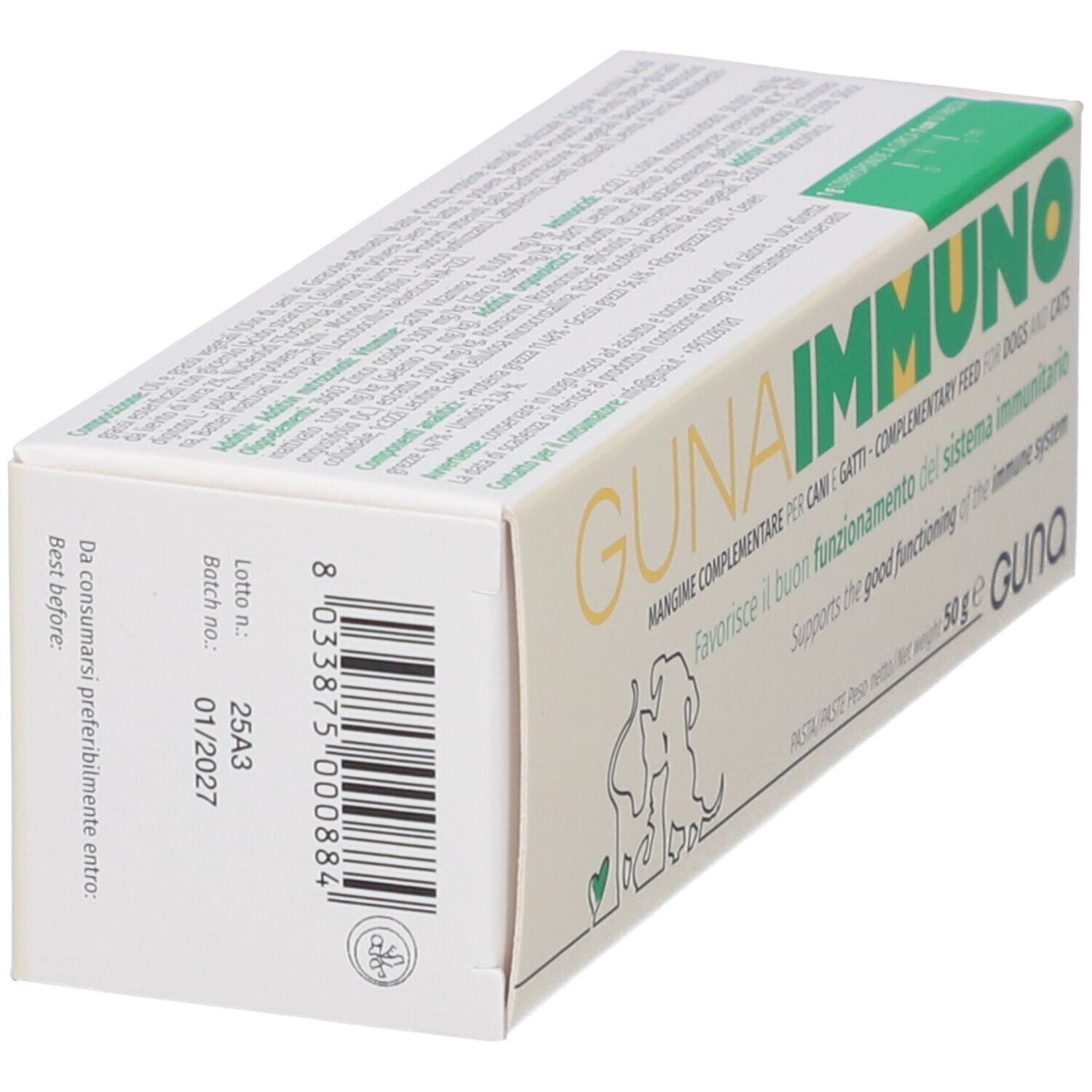 Scatola GUNA IMMUNO, vista laterale. Codice a barre, numero di lotto, scadenza. Bianco con dettagli verdi.