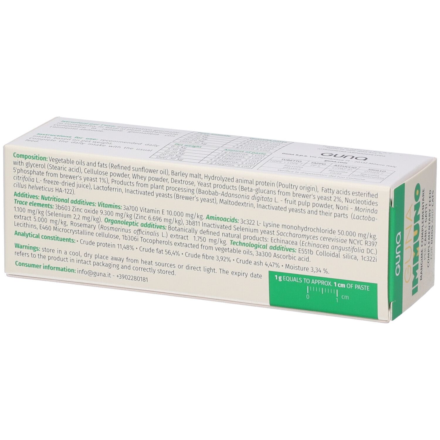 Scatola GUNA IMMUNO, retro con ingredienti. Bianco con dettagli verdi. Testo multilingue.