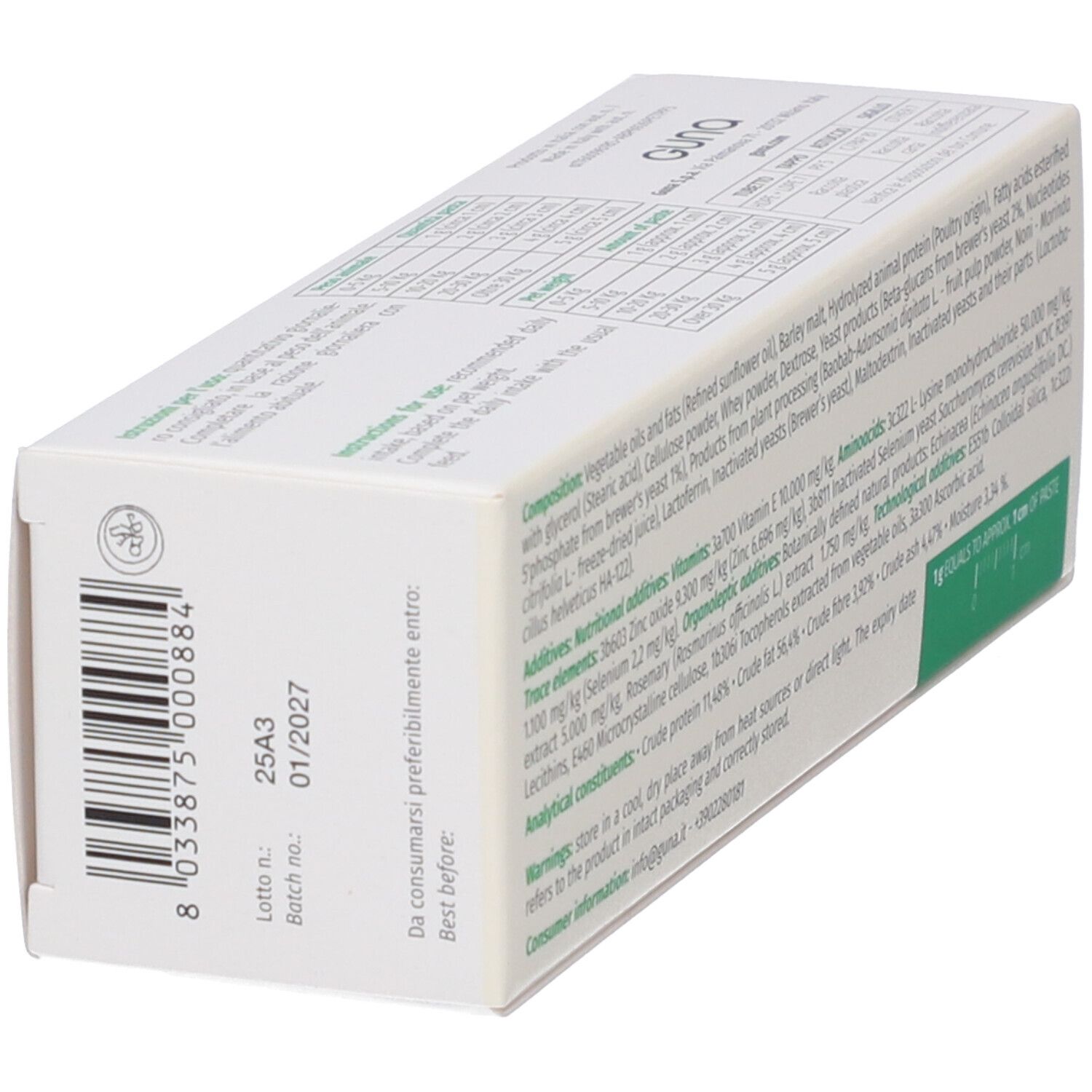 Scatola GUNA IMMUNO, retro con ingredienti. Bianco con dettagli verdi. Testo multilingue.