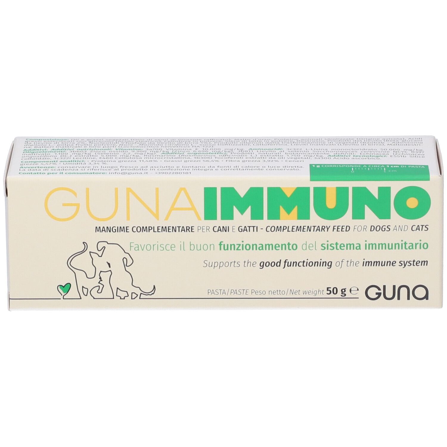 Scatola GUNA IMMUNO per cani e gatti. Scritta verde-gialla, immagine cane e gatto. 50g.