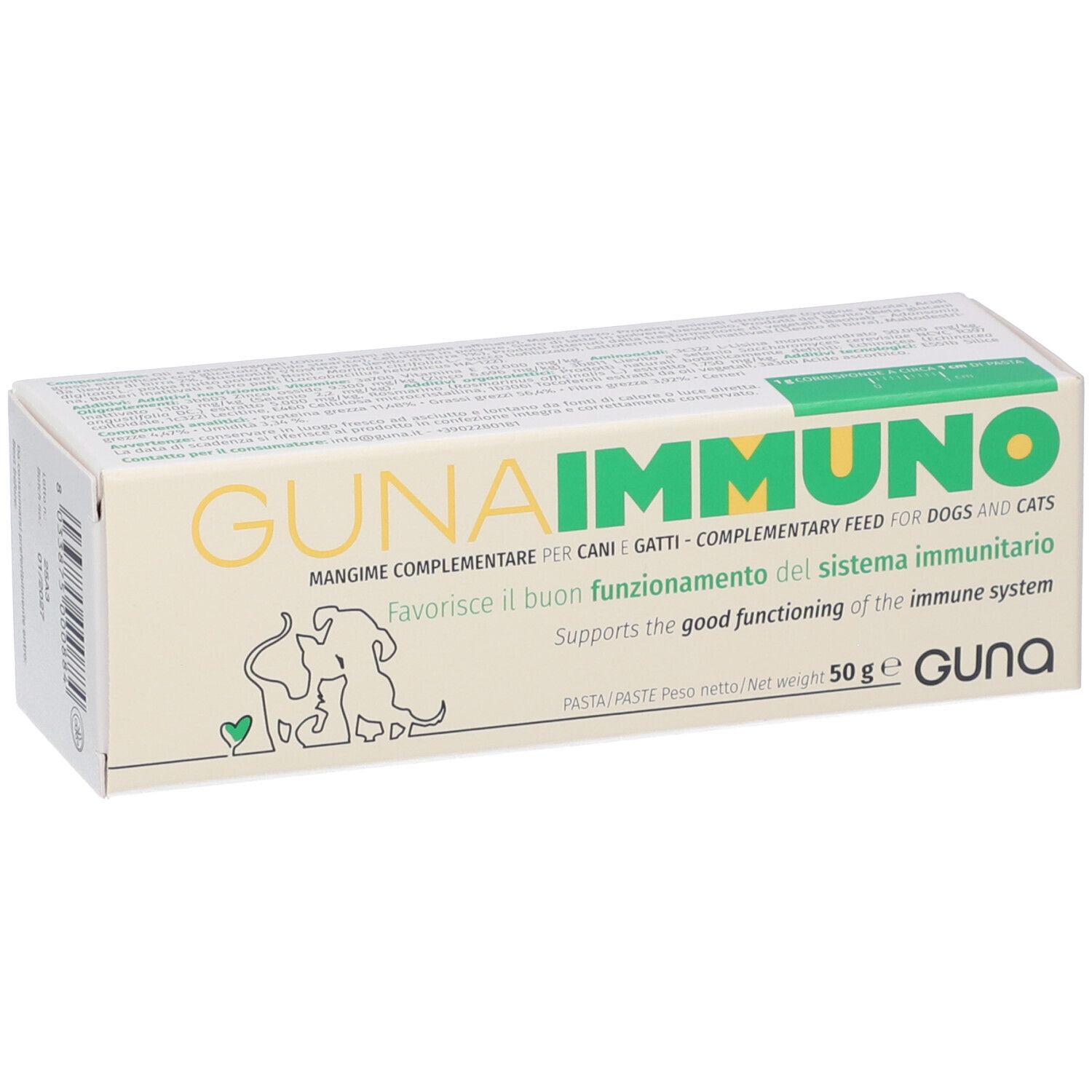 Scatola GUNA IMMUNO per cani e gatti. Scritta verde-gialla, immagine cane e gatto. 50g.