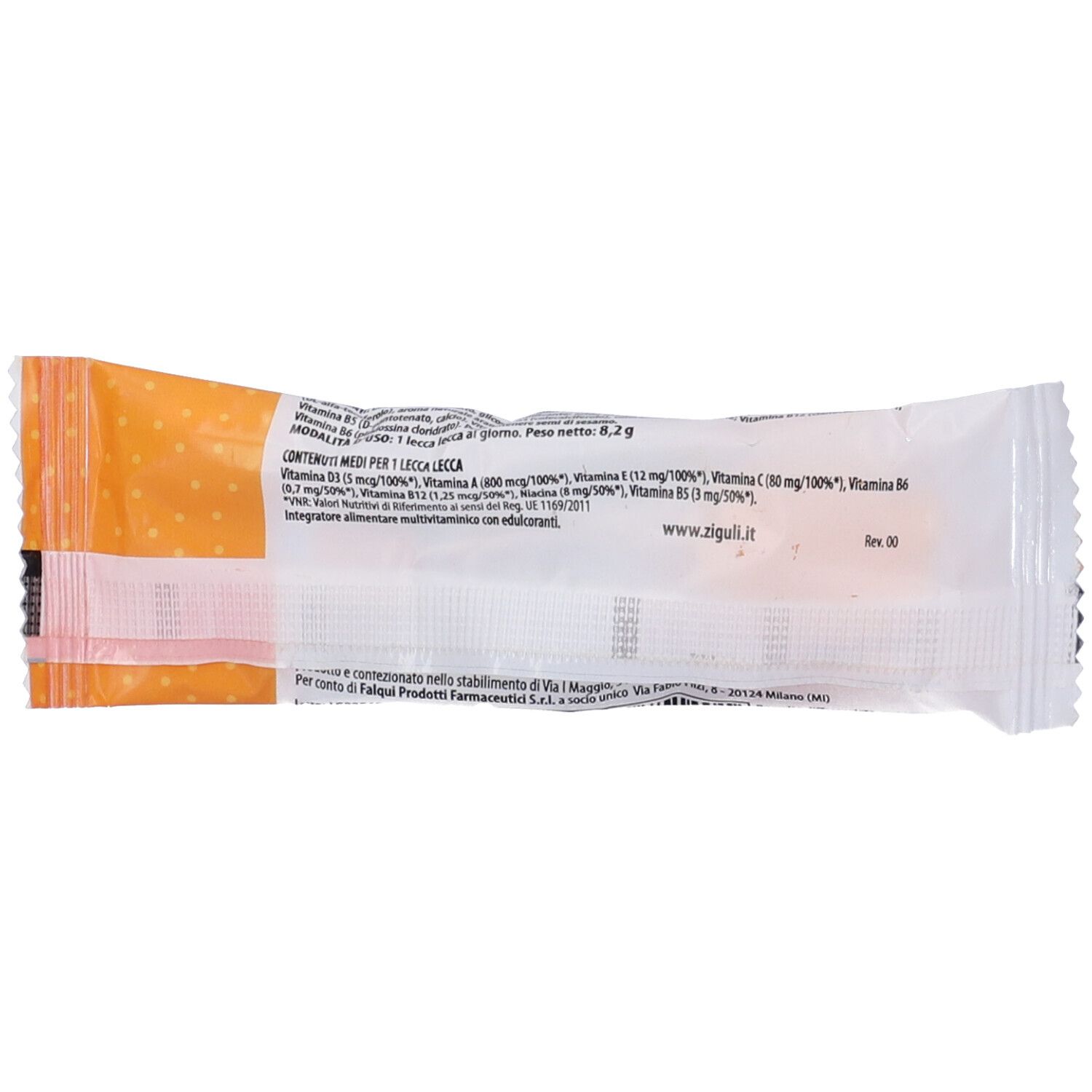 Retro della confezione di Zigulì Lecca Lecca Multivit. Contiene informazioni nutrizionali e dettagli del produttore. Sfondo bianco.