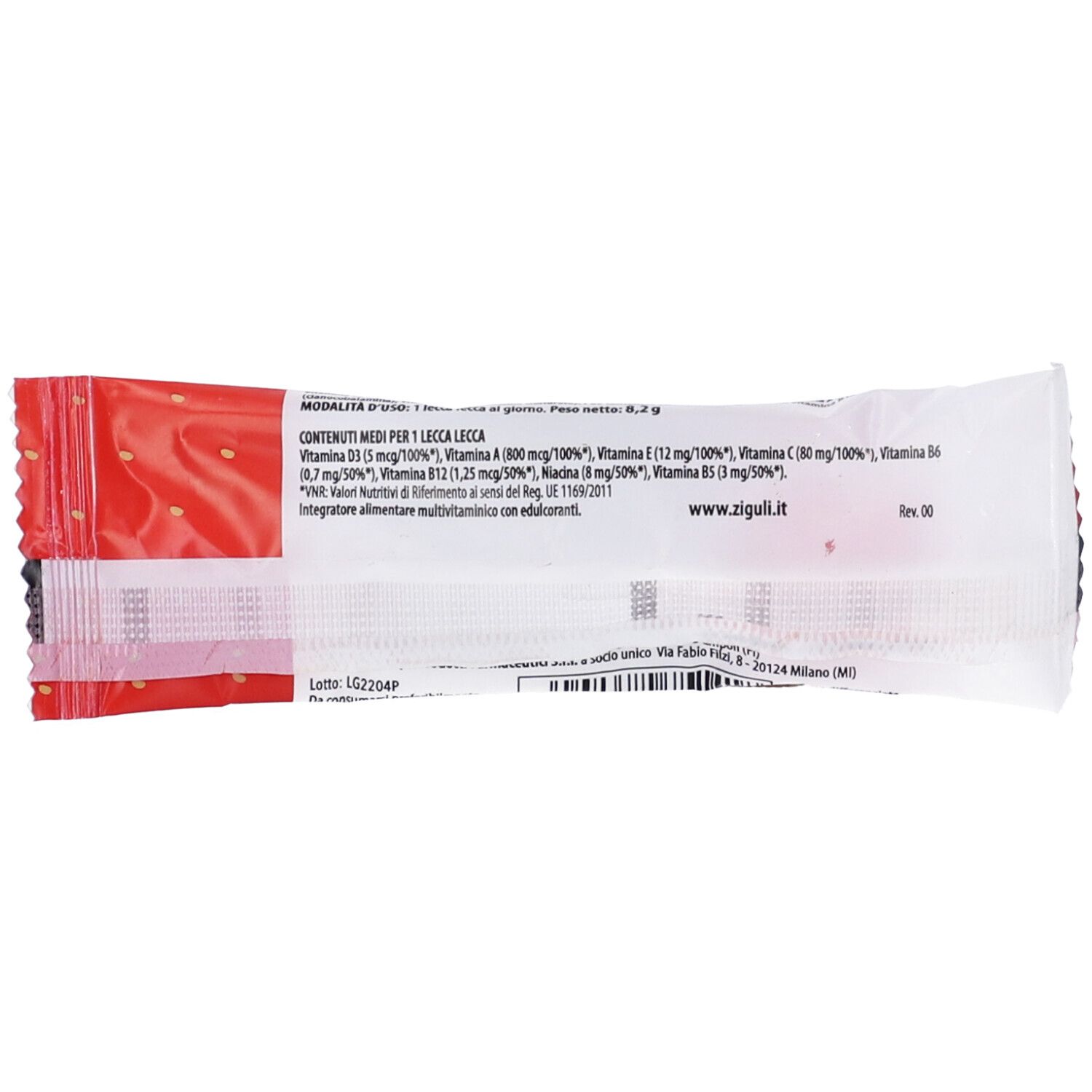 Retro della confezione Zigulì Lecca Lecca Multivit. Testo con informazioni nutrizionali e indirizzo del sito web.
