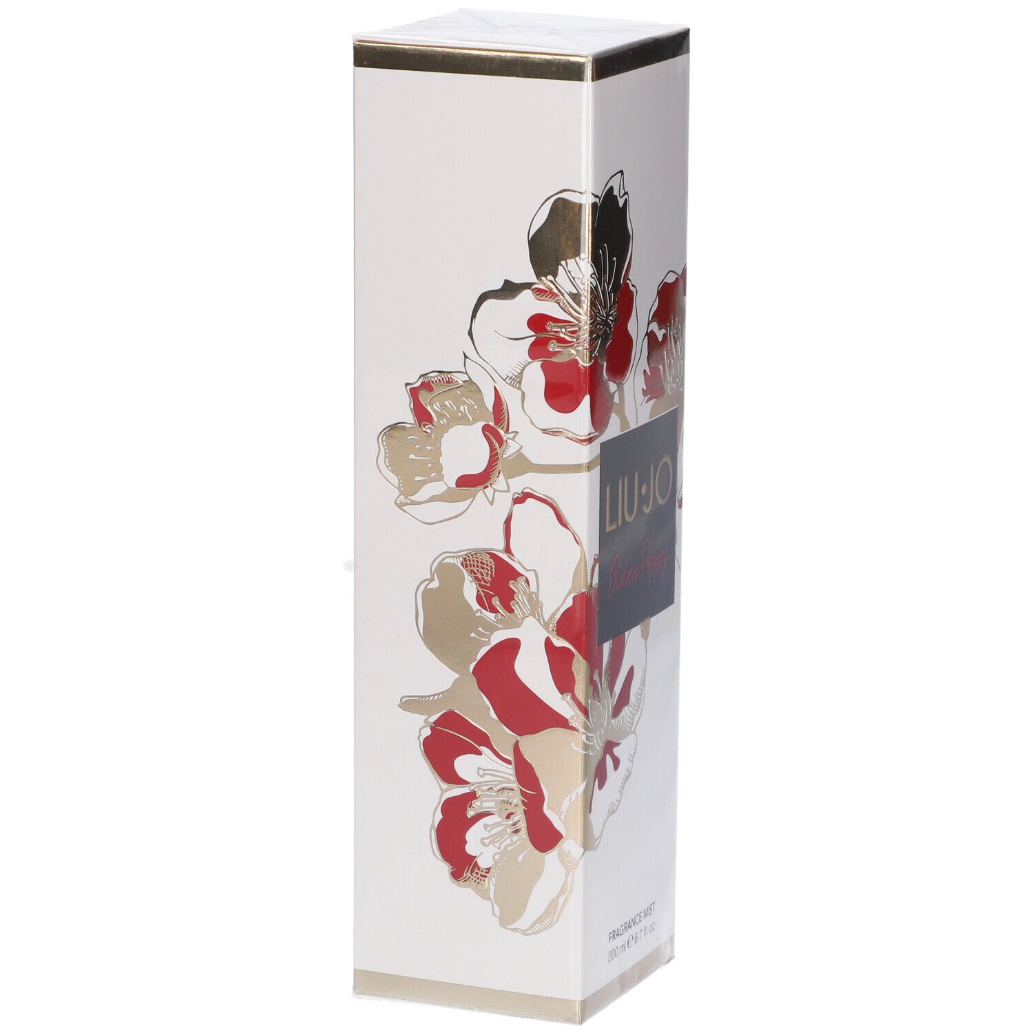 Scatola rettangolare bianca con fiori rossi e dorati. Logo LIU JO Divine Poppy. Testo FRAGRANCE MIST.
