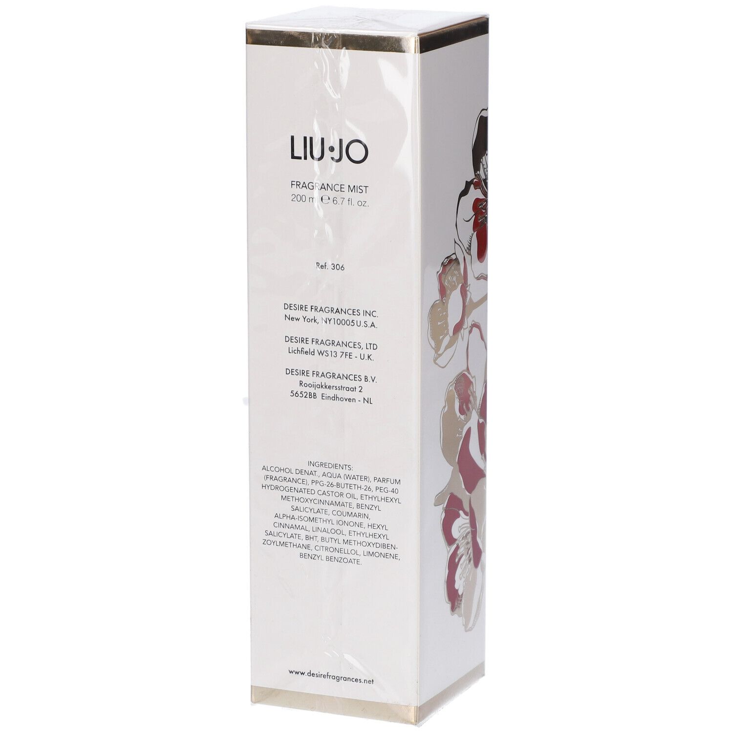 Scatola rettangolare bianca con fiori rossi e dorati. Logo LIU JO. Testo: FRAGRANCE MIST, ingredienti, contatti.