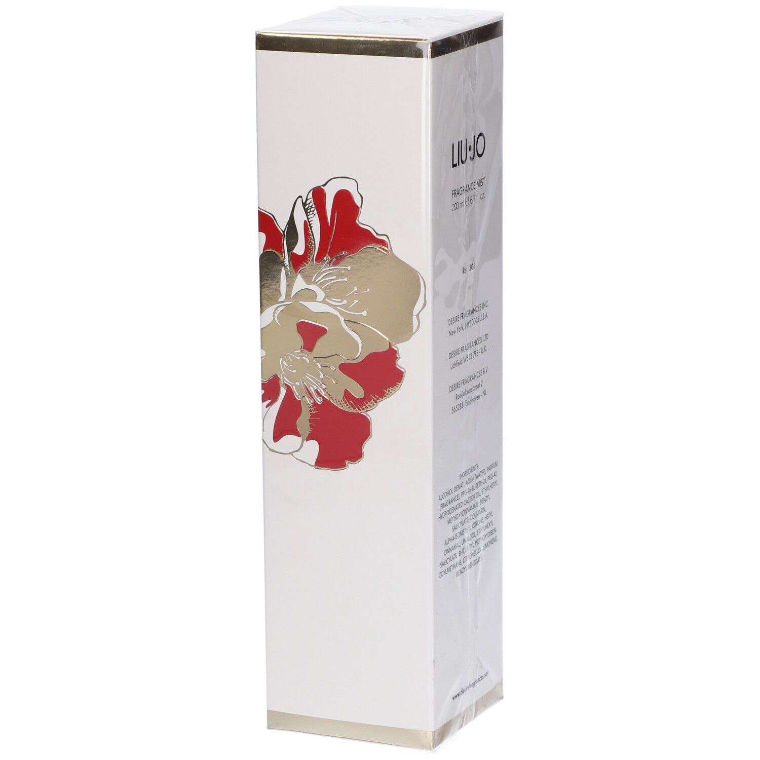 Scatola rettangolare bianca con fiori rossi e dorati. Logo LIU JO. Testo: FRAGRANCE MIST.