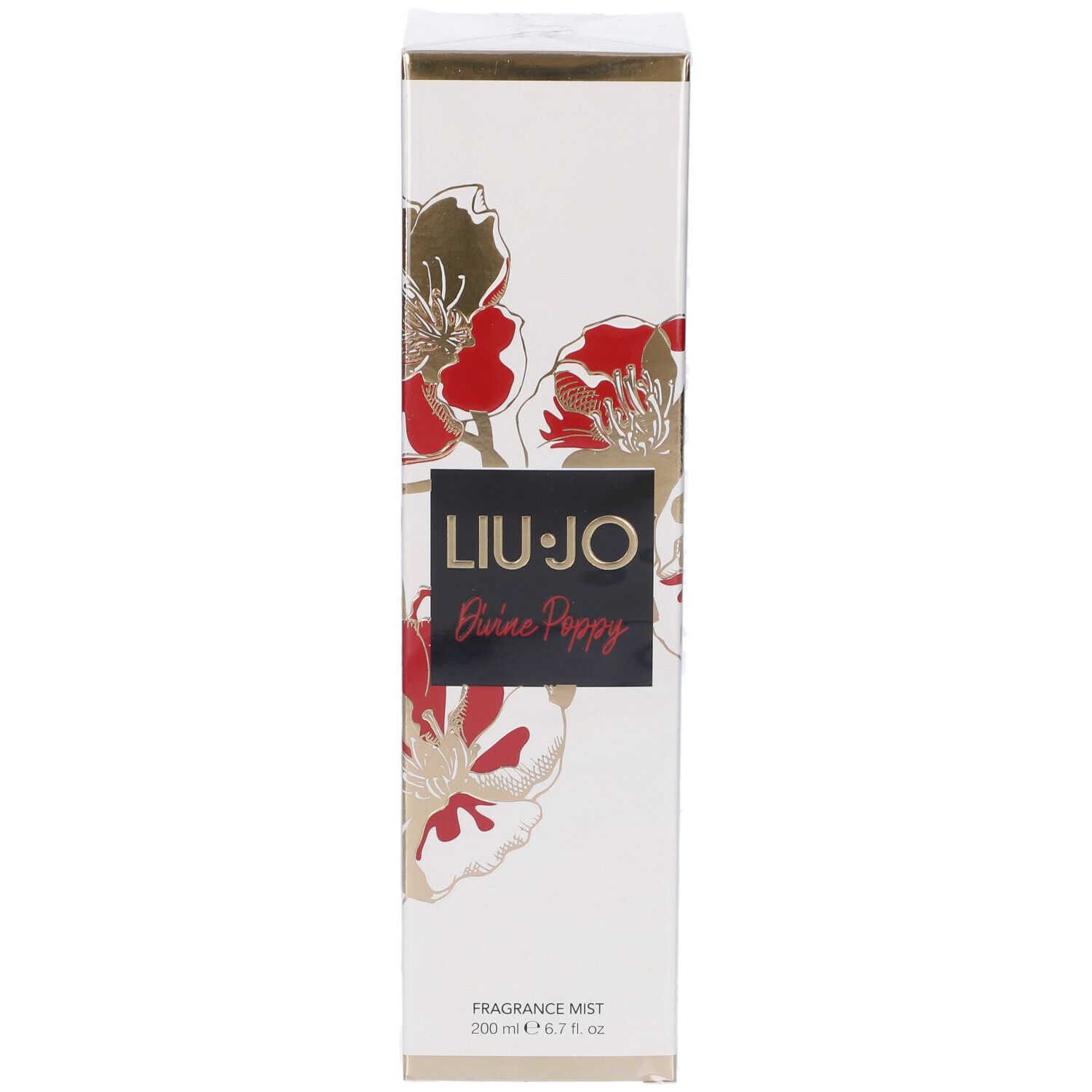 Scatola rettangolare bianca con fiori rossi e dorati. Logo LIU JO Divine Poppy. Testo FRAGRANCE MIST.