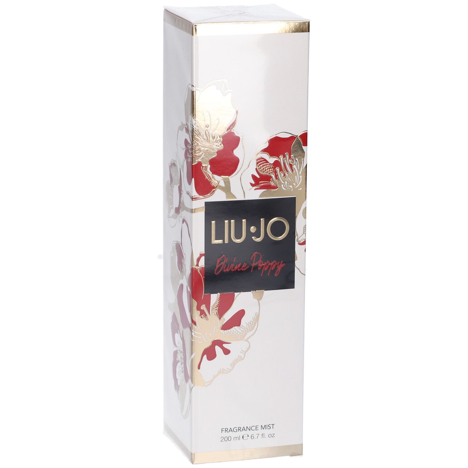 Scatola rettangolare bianca con fiori rossi e dorati. Logo LIU JO Divine Poppy. Testo FRAGRANCE MIST.