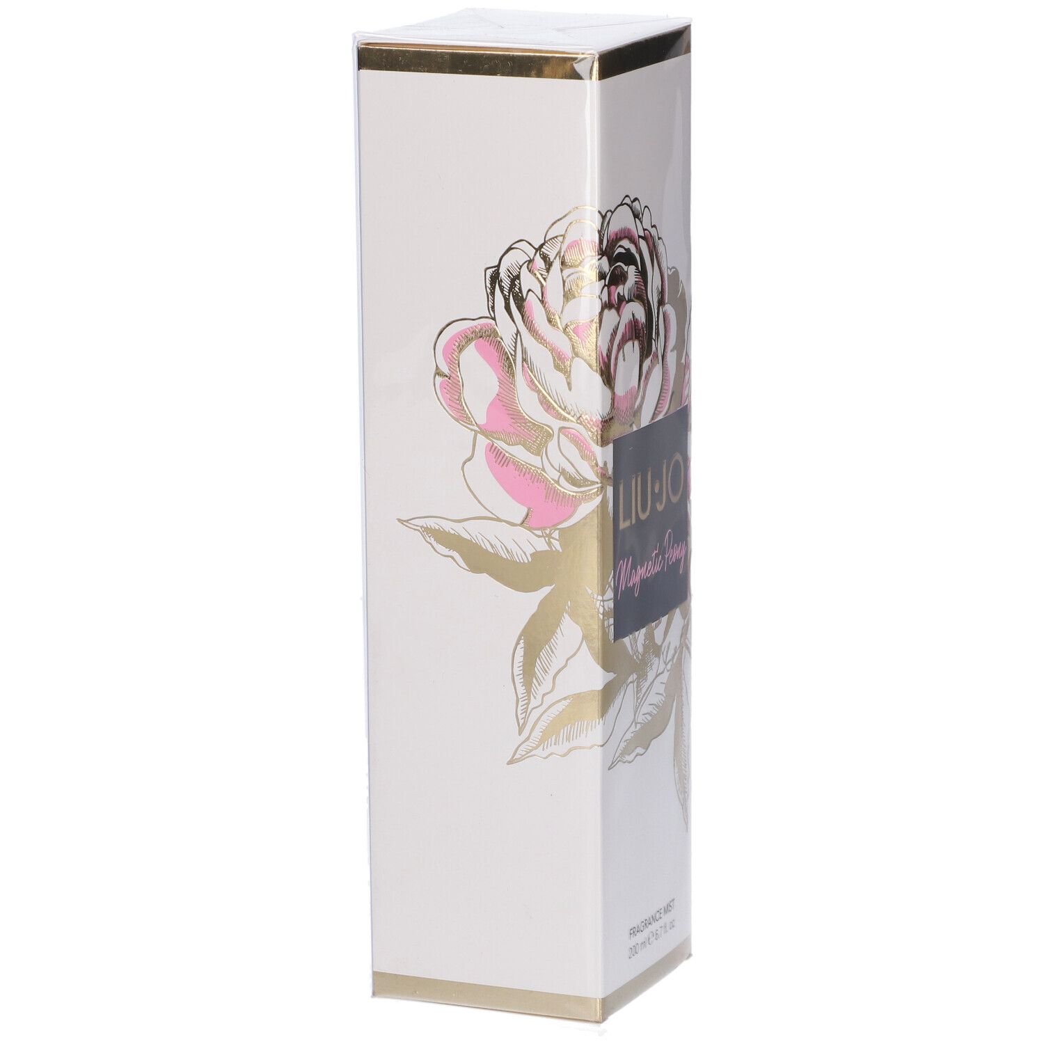 Scatola bianca con illustrazione di peonia e dettagli dorati. LIU JO Magnetic Peony su rettangolo nero.