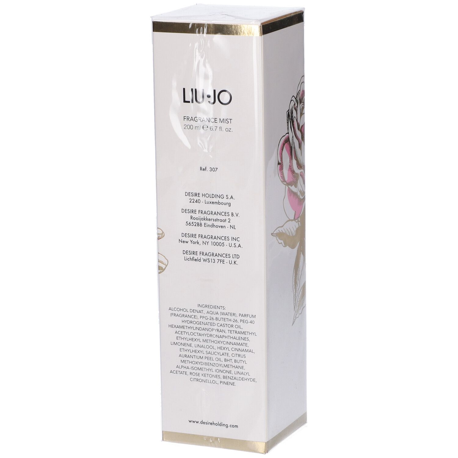 Scatola bianca con dettagli dorati. Retro con testo e ingredienti. LIU JO Magnetic Peony.